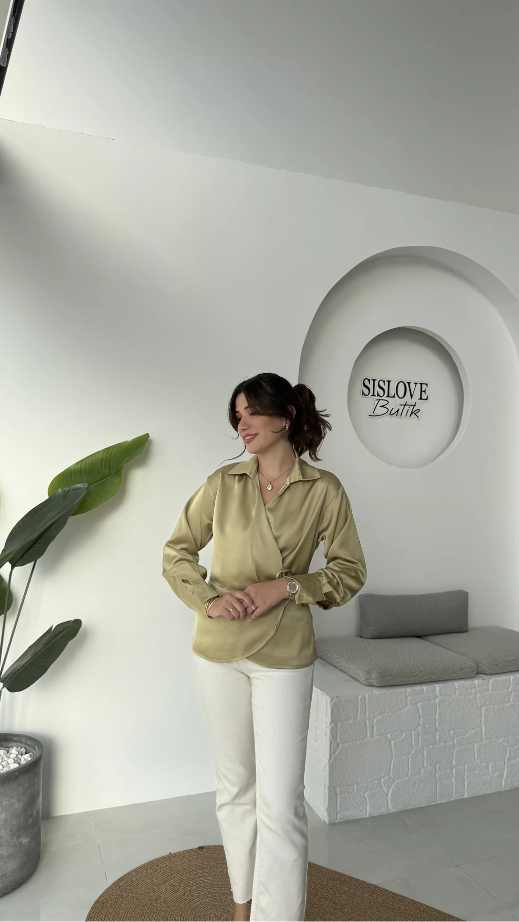 Lucy Saten Gömlek - Yağ Yeşili - Kod: 2133