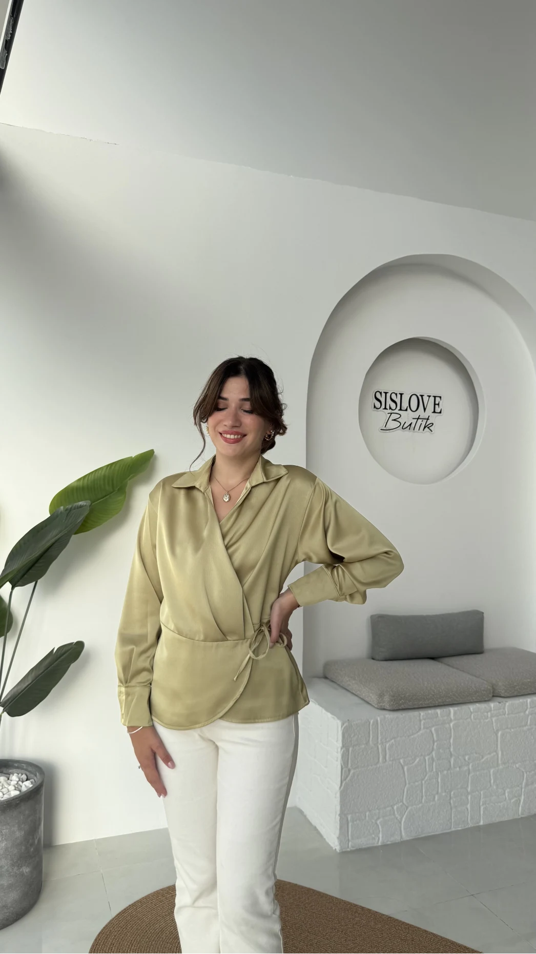 Lucy Saten Gömlek - Yağ Yeşili - Kod: 2133