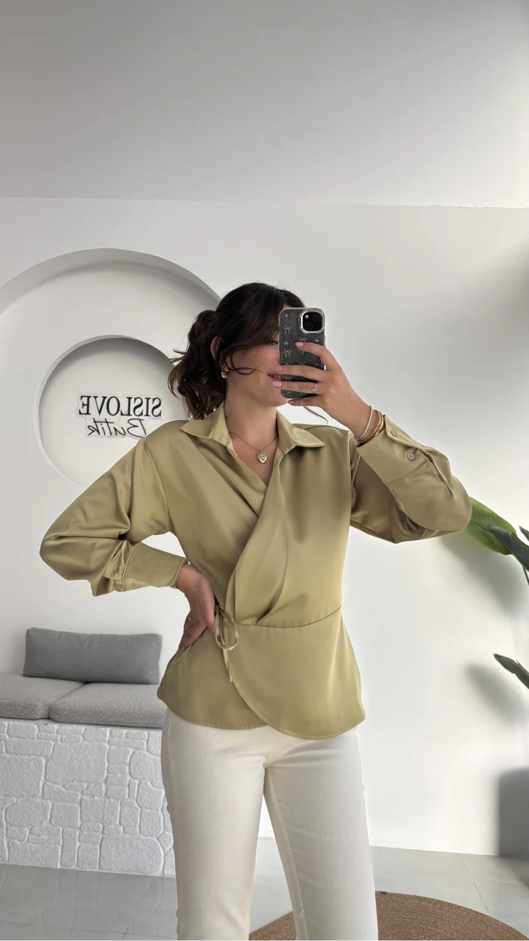 Lucy Saten Gömlek - Yağ Yeşili - Kod: 2133