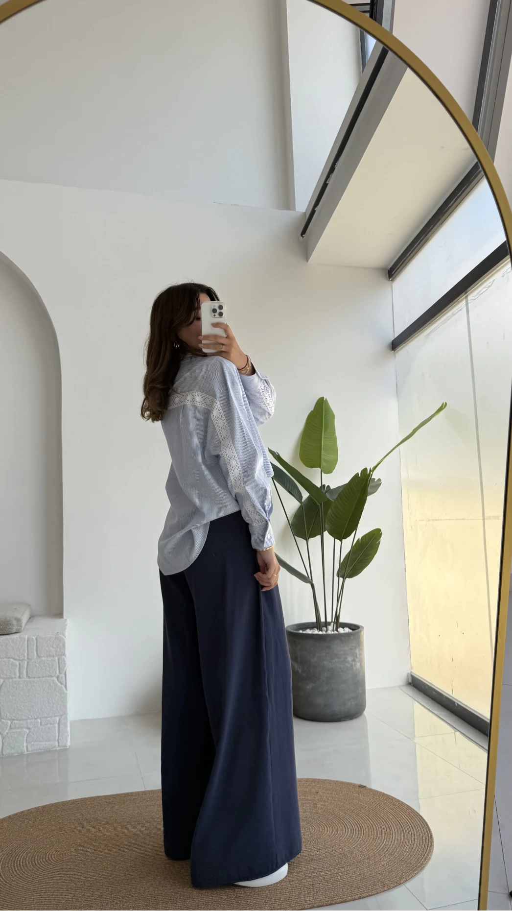 Luena Dantelli Çizgili Gömlek - Mavi - Kod: 4958