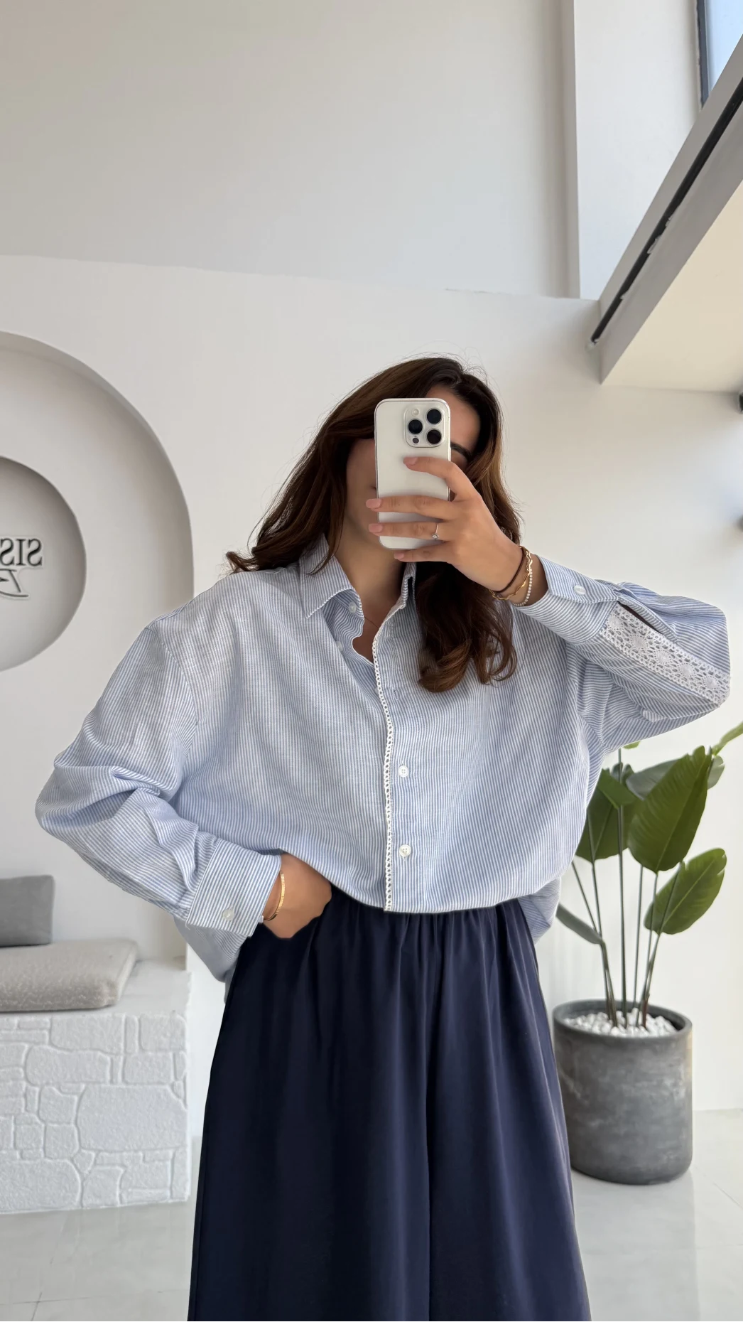 Luena Dantelli Çizgili Gömlek - Mavi - Kod: 4958