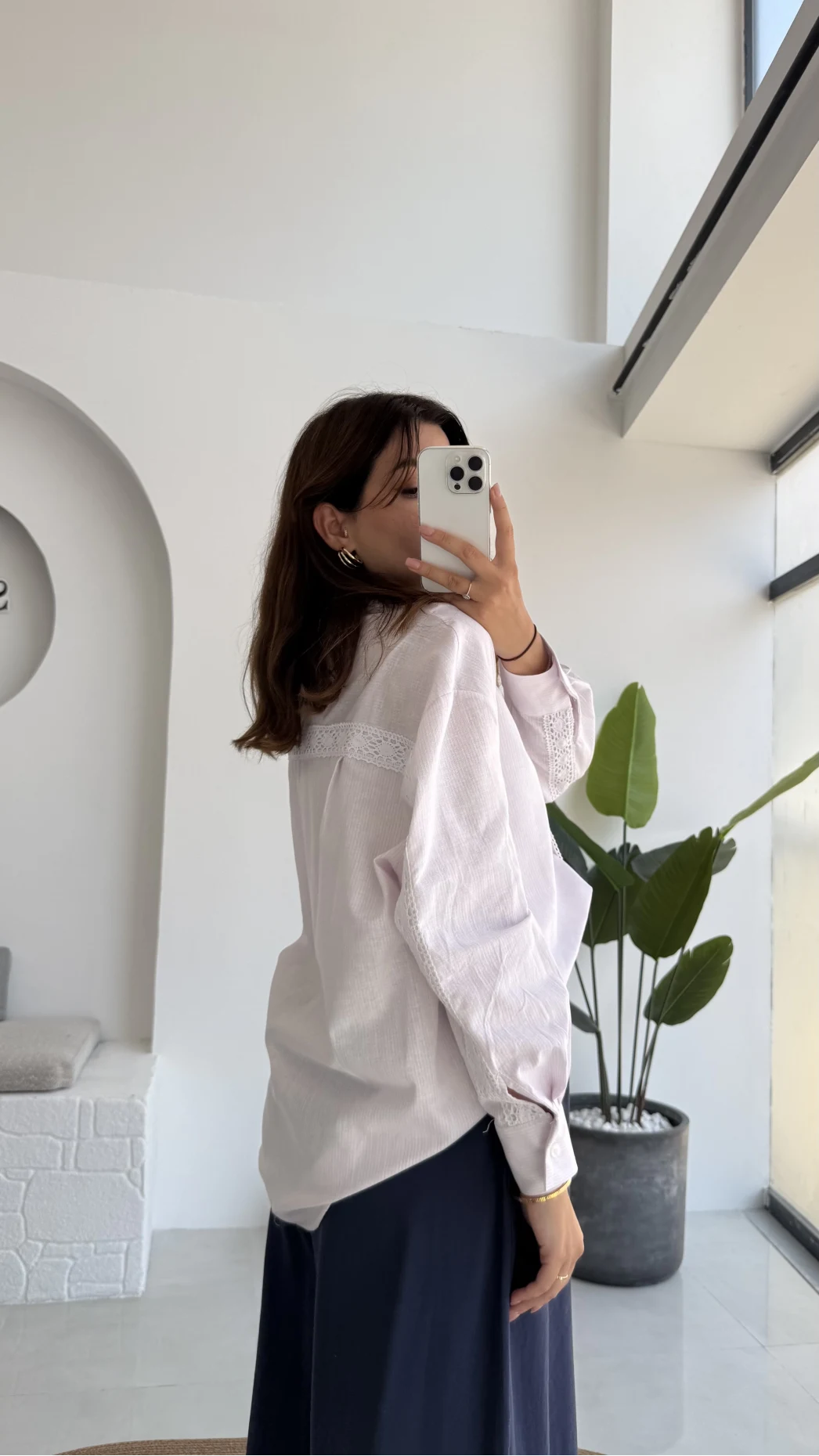 Luena Dantelli Çizgili Gömlek - Pembe - Kod: 4958