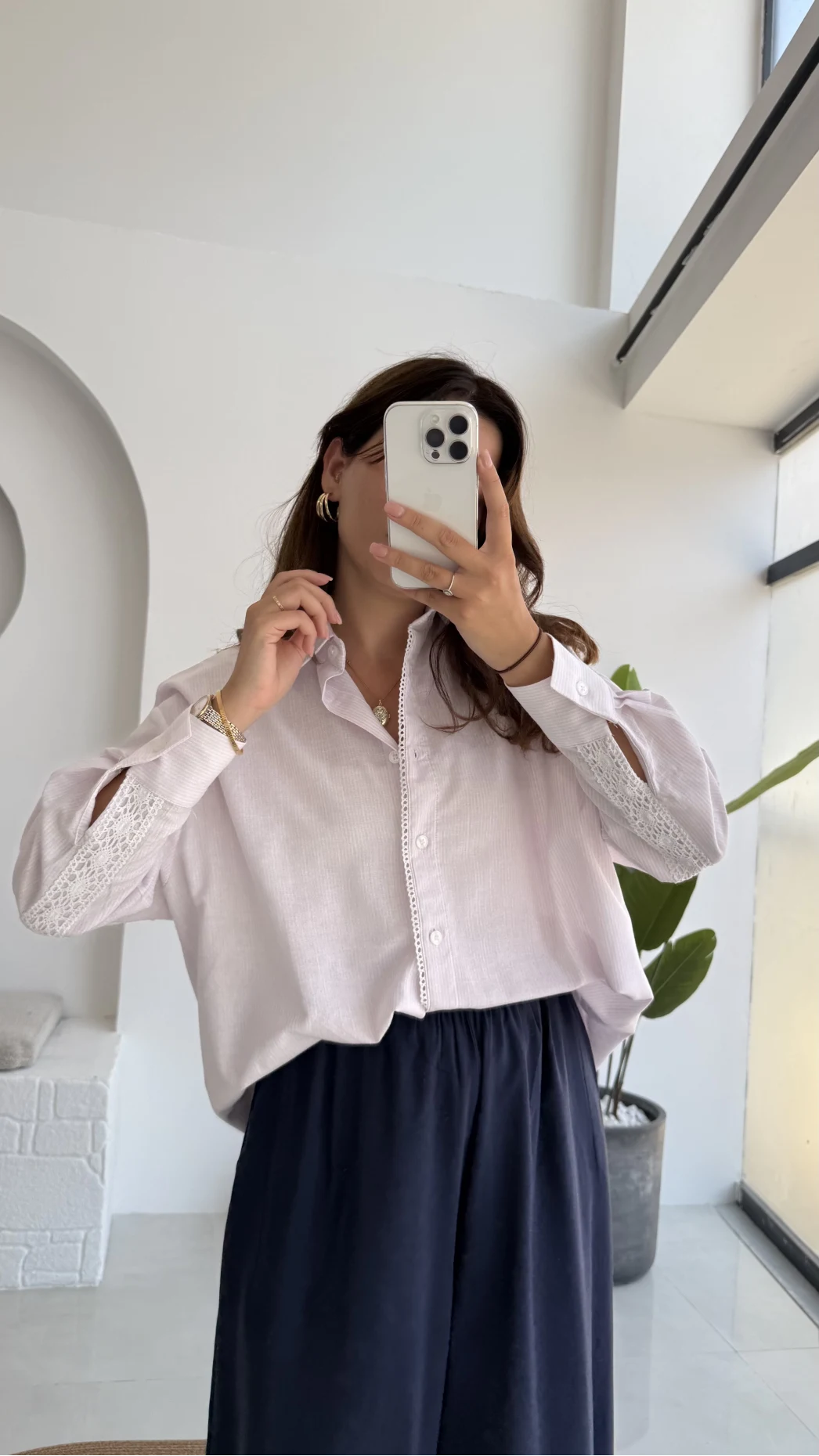 Luena Dantelli Çizgili Gömlek - Pembe - Kod: 4958