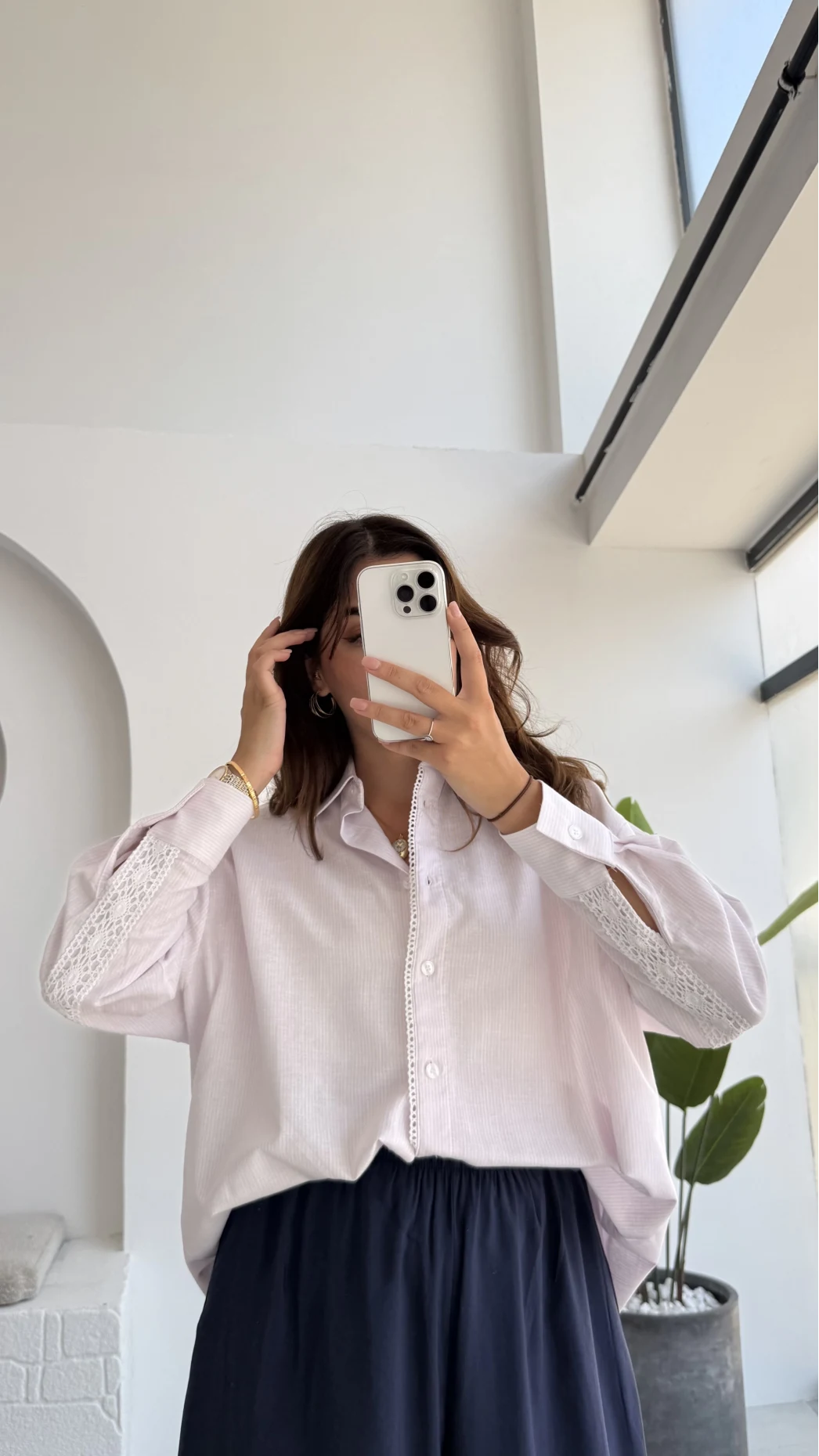 Luena Dantelli Çizgili Gömlek - Pembe - Kod: 4958