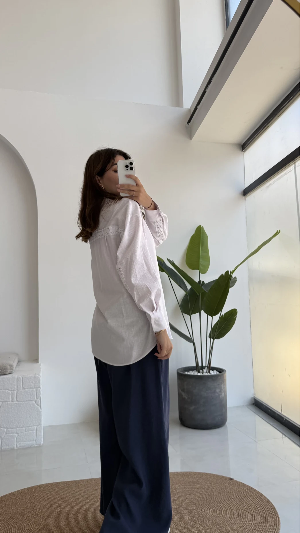 Luena Dantelli Çizgili Gömlek - Pembe - Kod: 4958