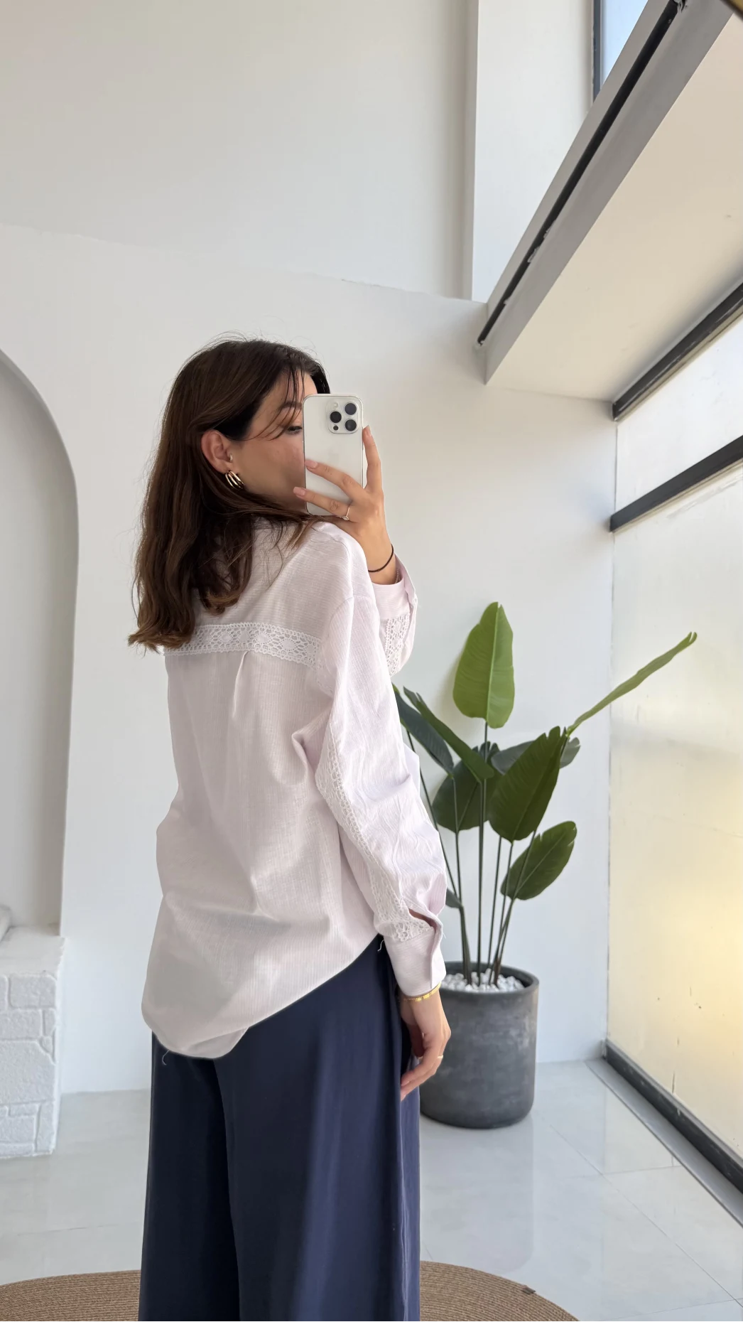 Luena Dantelli Çizgili Gömlek - Pembe - Kod: 4958