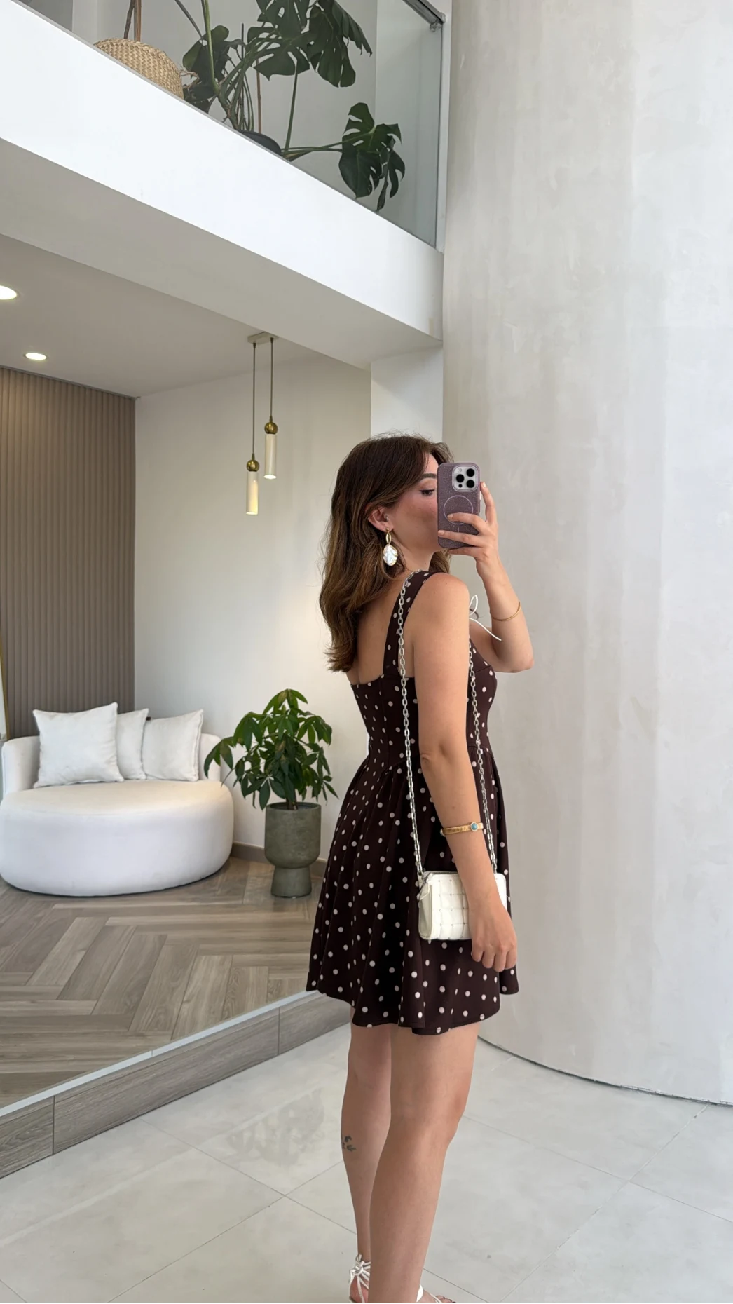 Luena Puantiye Desenli Askılı Mini Elbise - Kahverengi - Kod: 4154