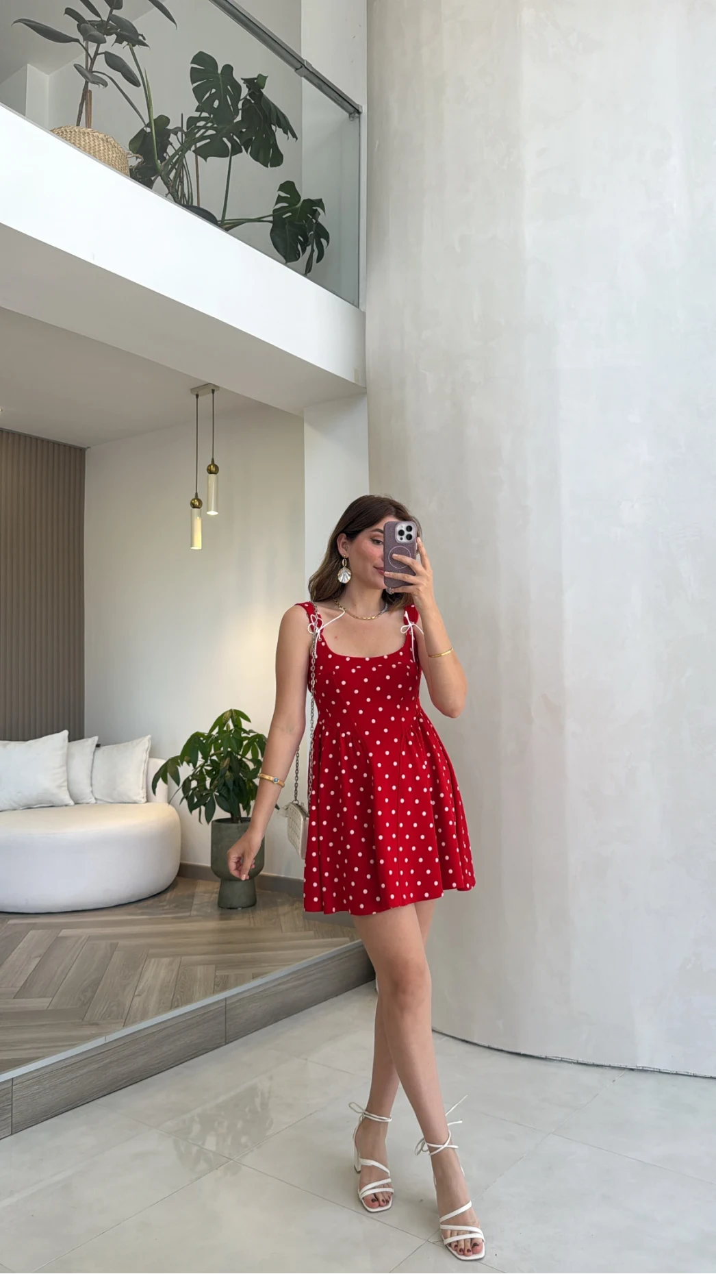 Luena Puantiye Desenli Askılı Mini Elbise - Kırmızı - Kod: 4154