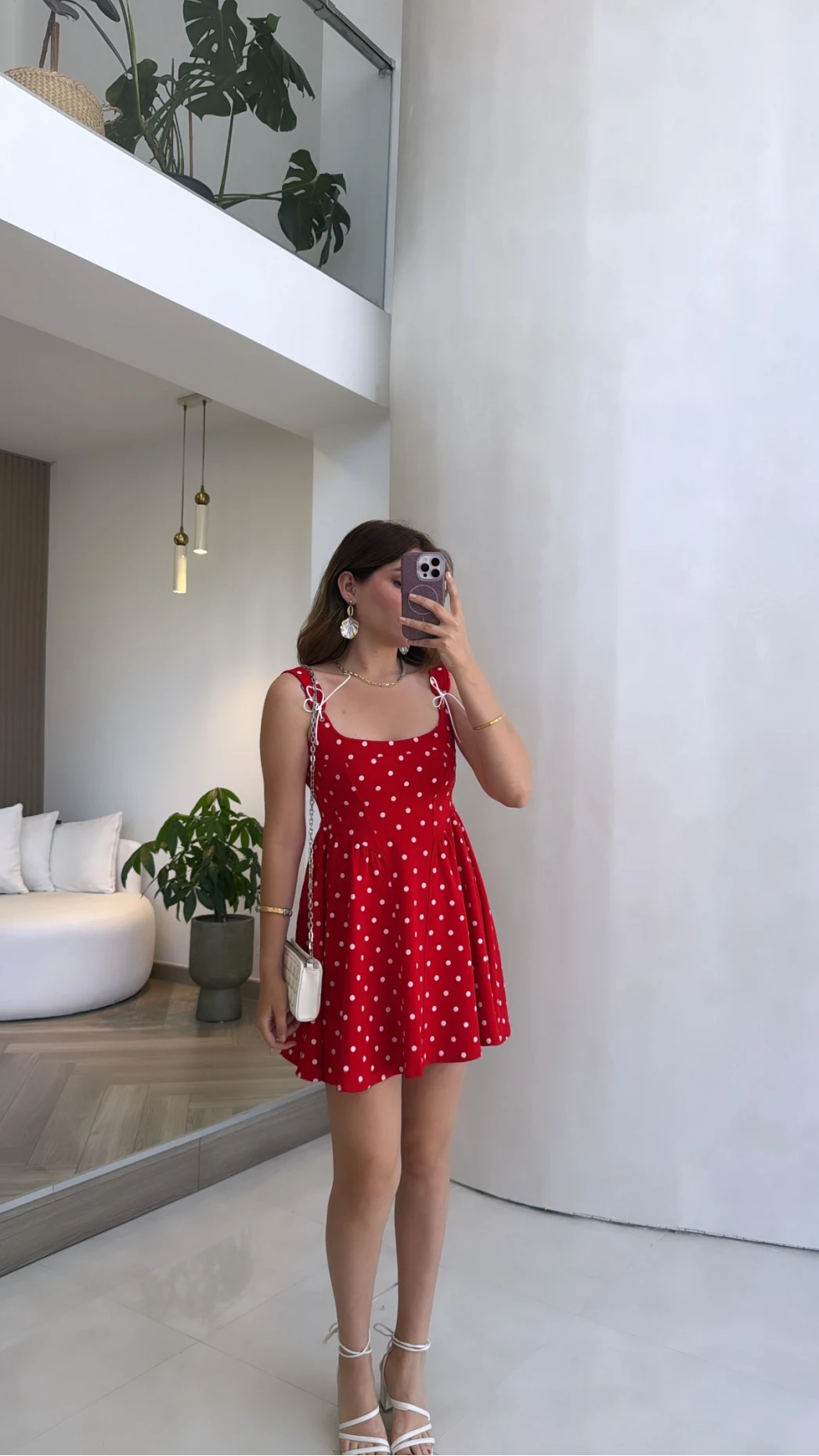 Luena Puantiye Desenli Askılı Mini Elbise - Kırmızı - Kod: 4154