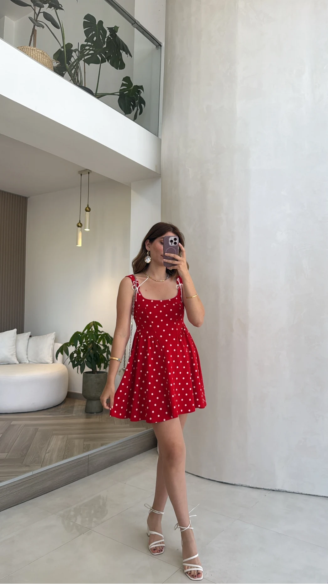 Luena Puantiye Desenli Askılı Mini Elbise - Kırmızı - Kod: 4154