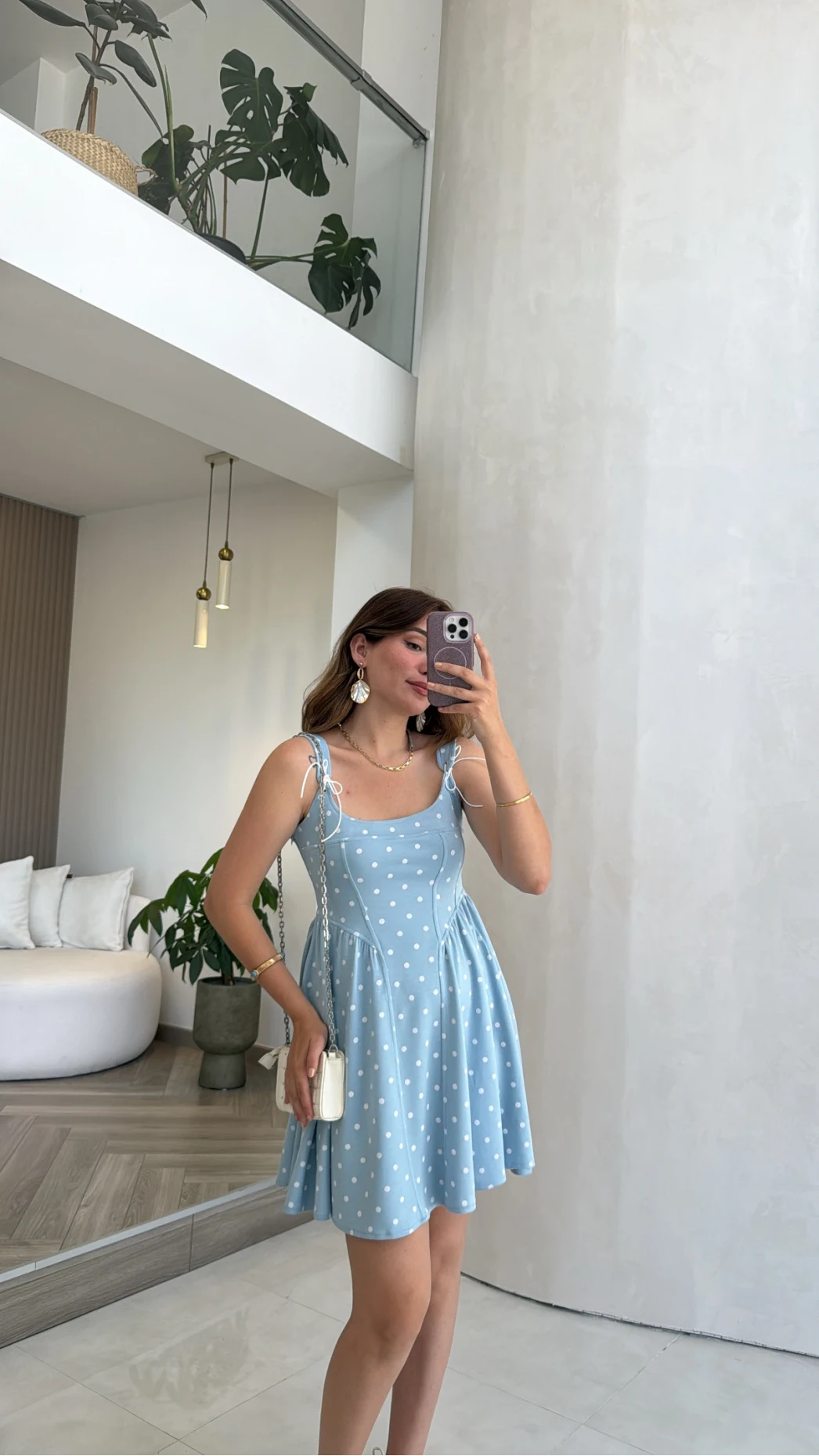 Luena Puantiye Desenli Askılı Mini Elbise - Mavi - Kod: 4154