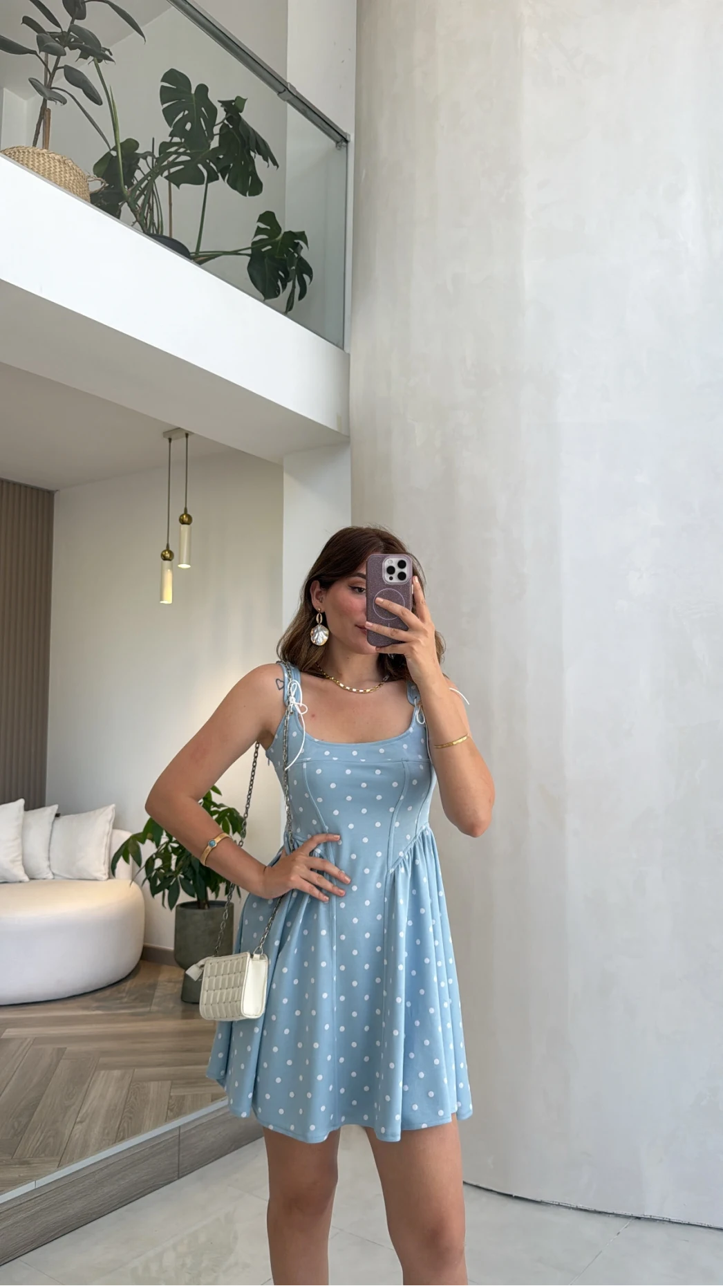 Luena Puantiye Desenli Askılı Mini Elbise - Mavi - Kod: 4154