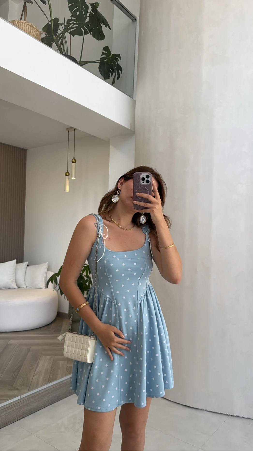 Luena Puantiye Desenli Askılı Mini Elbise - Mavi - Kod: 4154
