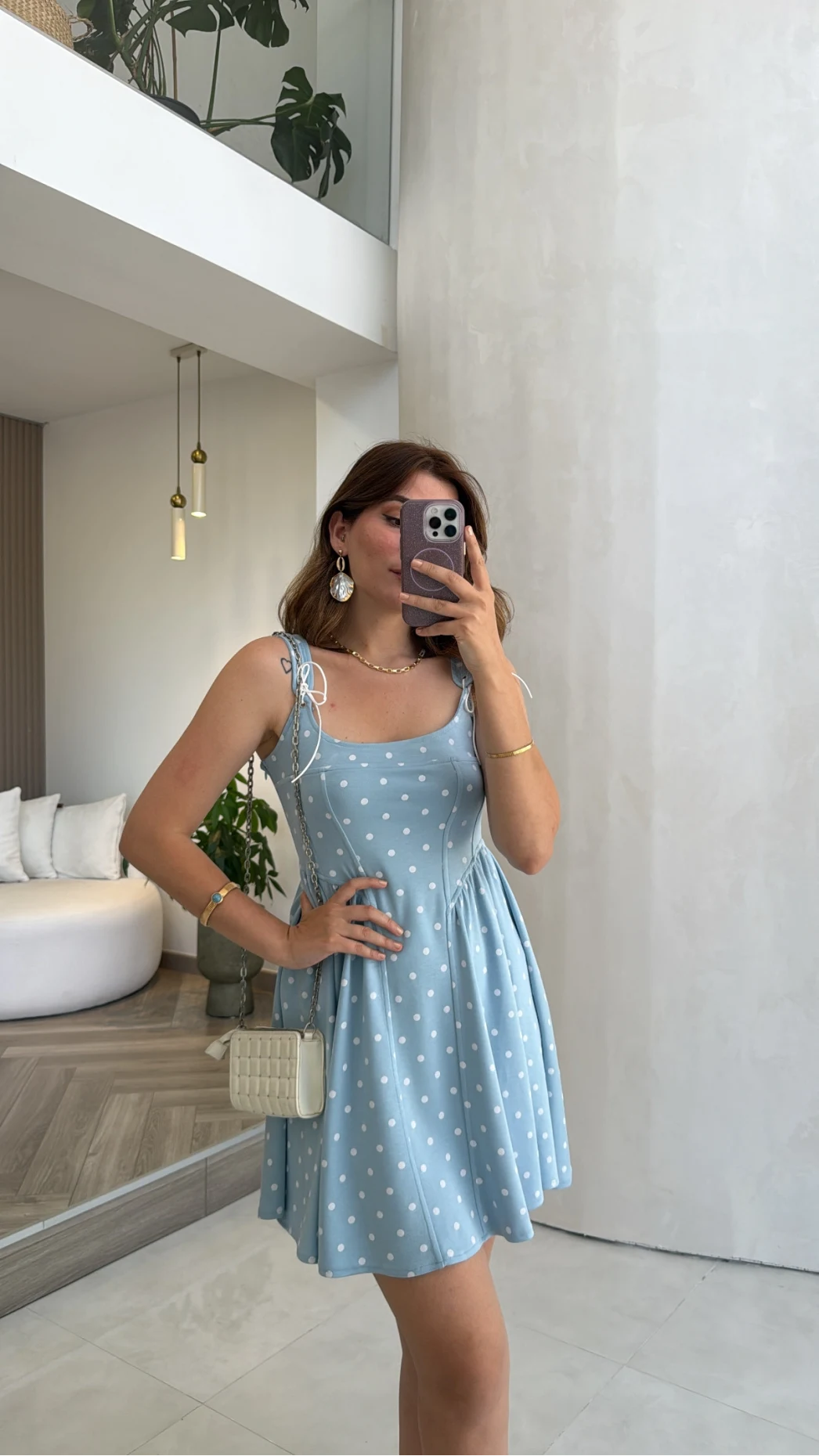Luena Puantiye Desenli Askılı Mini Elbise - Mavi - Kod: 4154