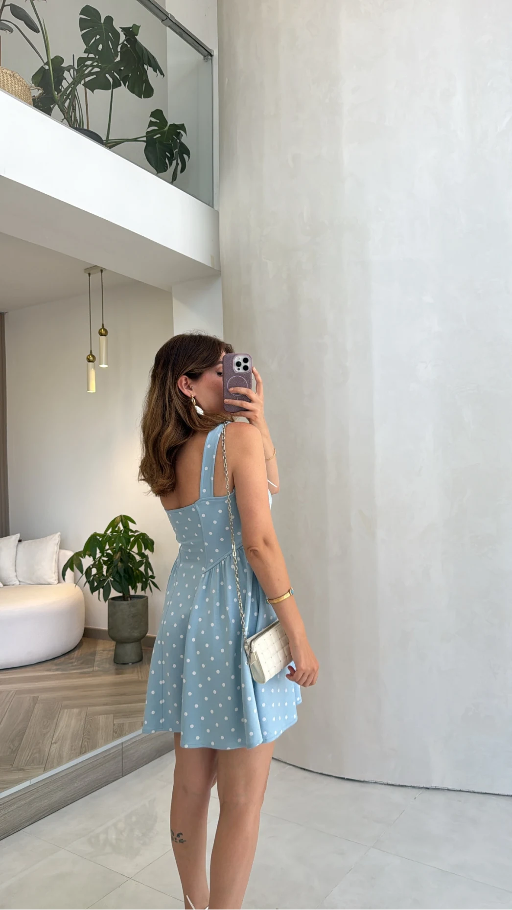 Luena Puantiye Desenli Askılı Mini Elbise - Mavi - Kod: 4154
