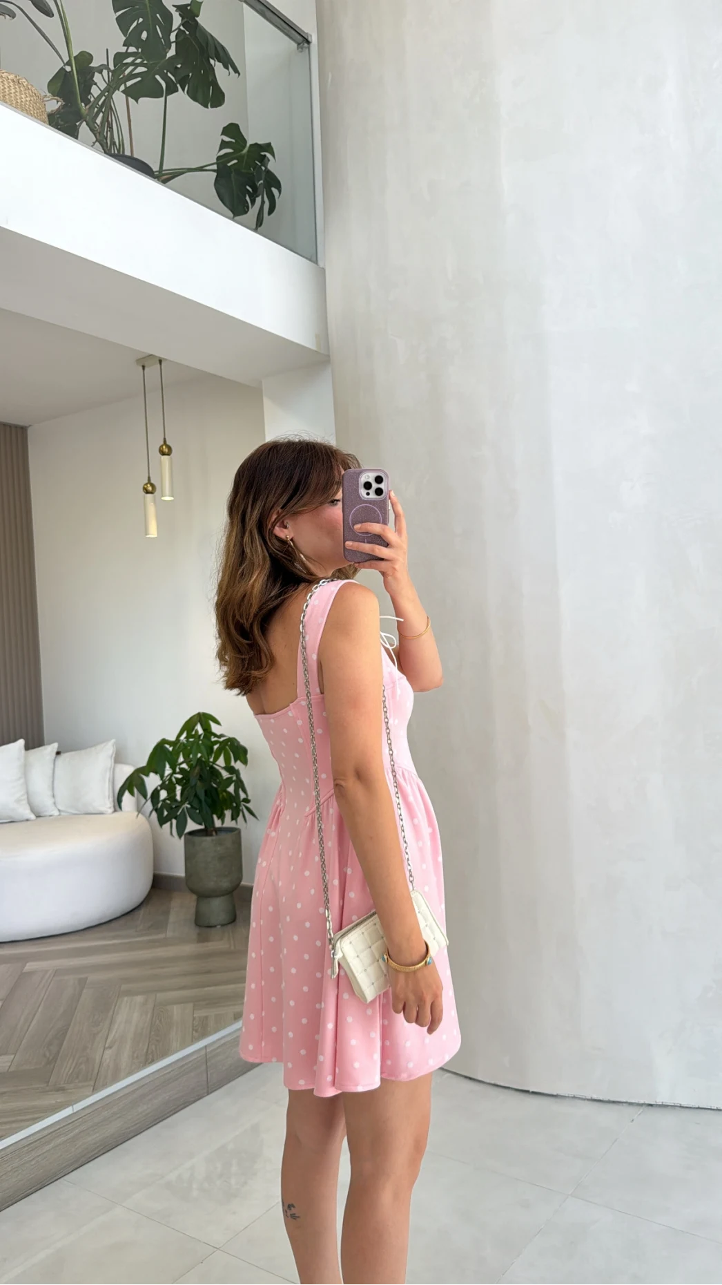 Luena Puantiye Desenli Askılı Mini Elbise - Pembe - Kod: 4154
