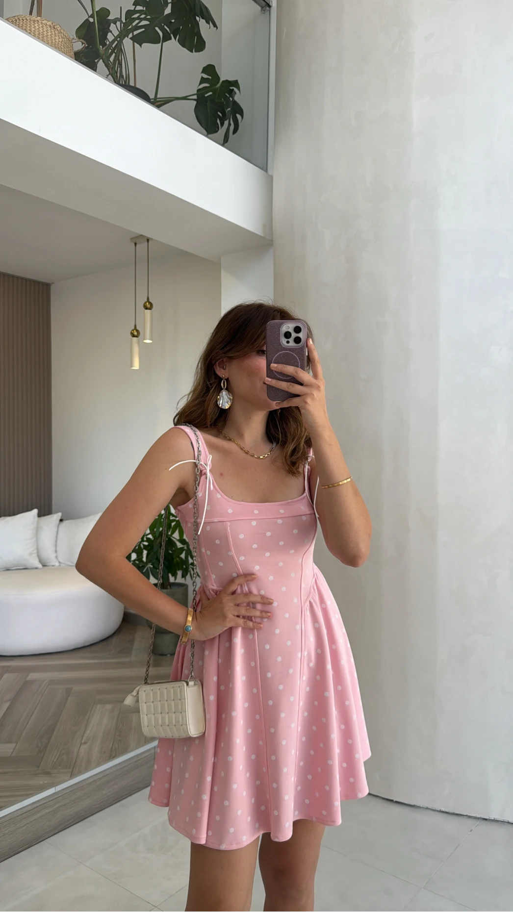 Luena Puantiye Desenli Askılı Mini Elbise - Pembe - Kod: 4154