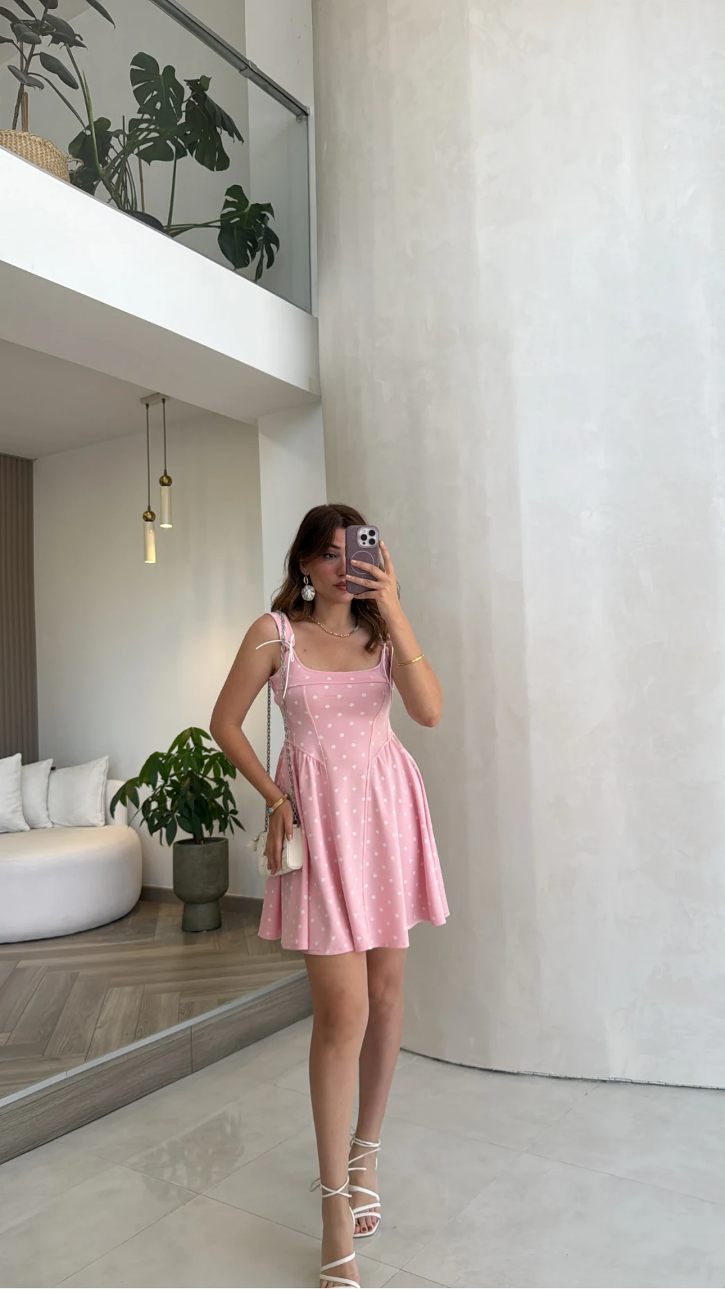 Luena Puantiye Desenli Askılı Mini Elbise - Pembe - Kod: 4154