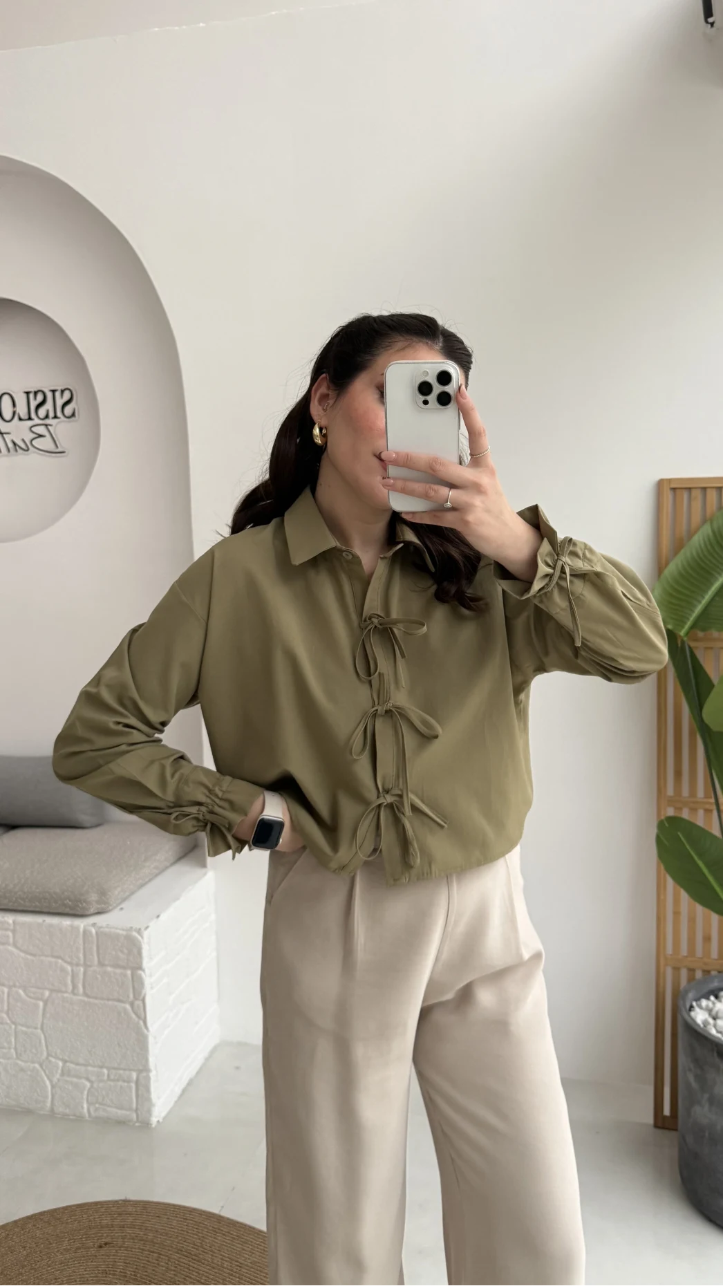 Luna Bağlama Detay Gömlek - Çağla Yeşili - Kod: 2022