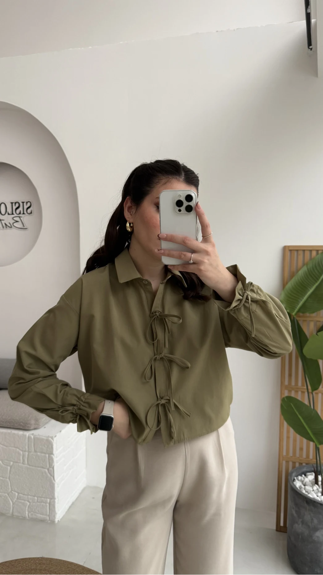 Luna Bağlama Detay Gömlek - Çağla Yeşili - Kod: 2022