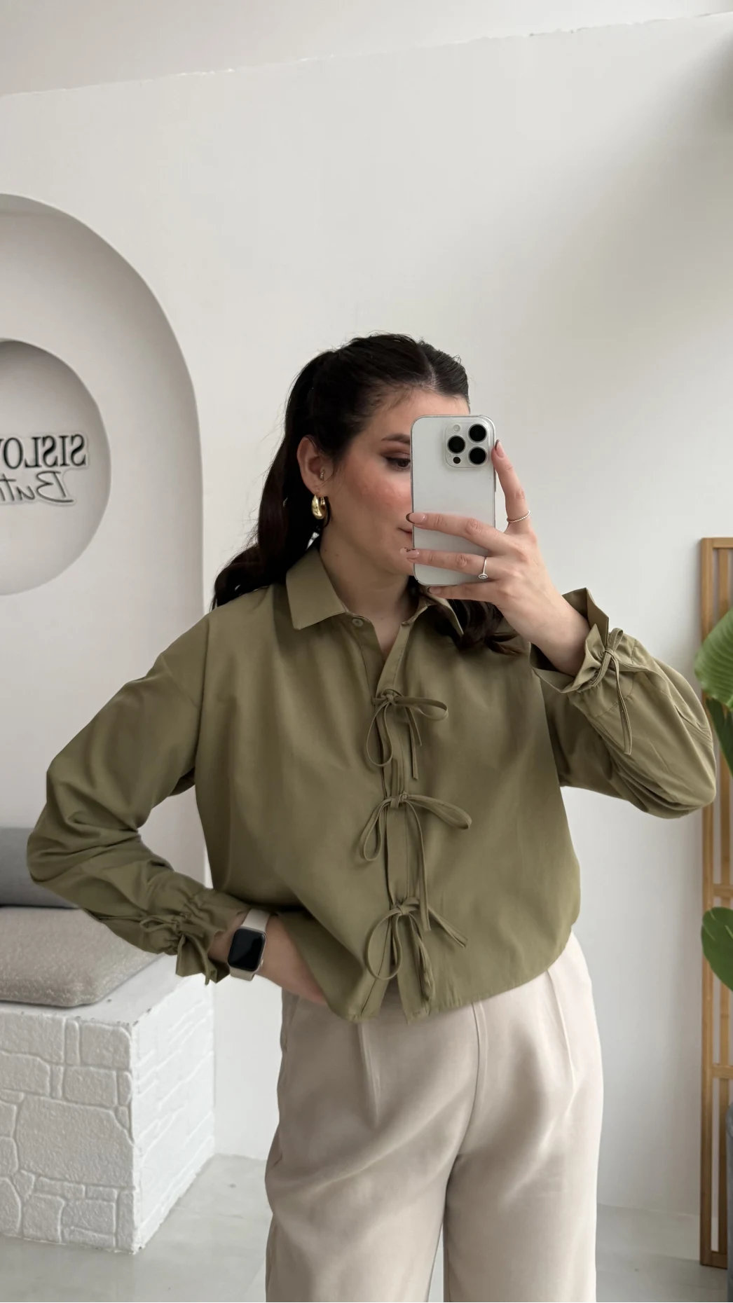 Luna Bağlama Detay Gömlek - Çağla Yeşili - Kod: 2022