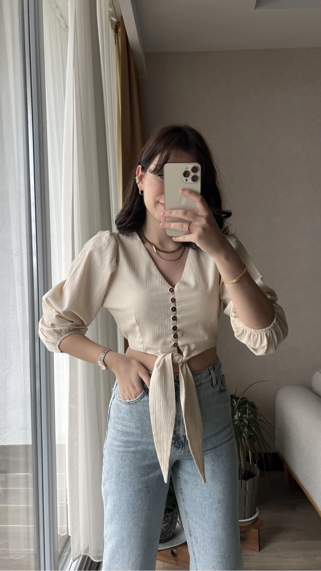 Luna Krem Önü Düğmeli Gömlek