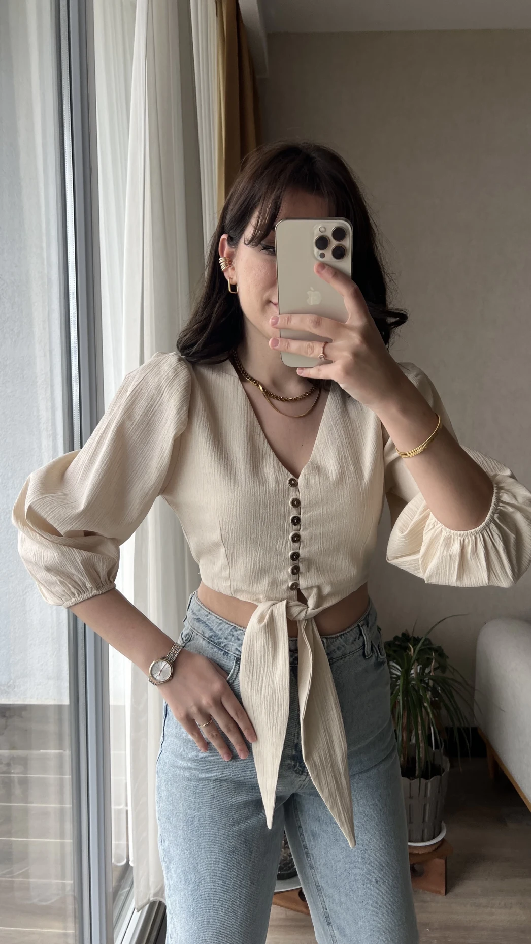 Luna Krem Önü Düğmeli Gömlek