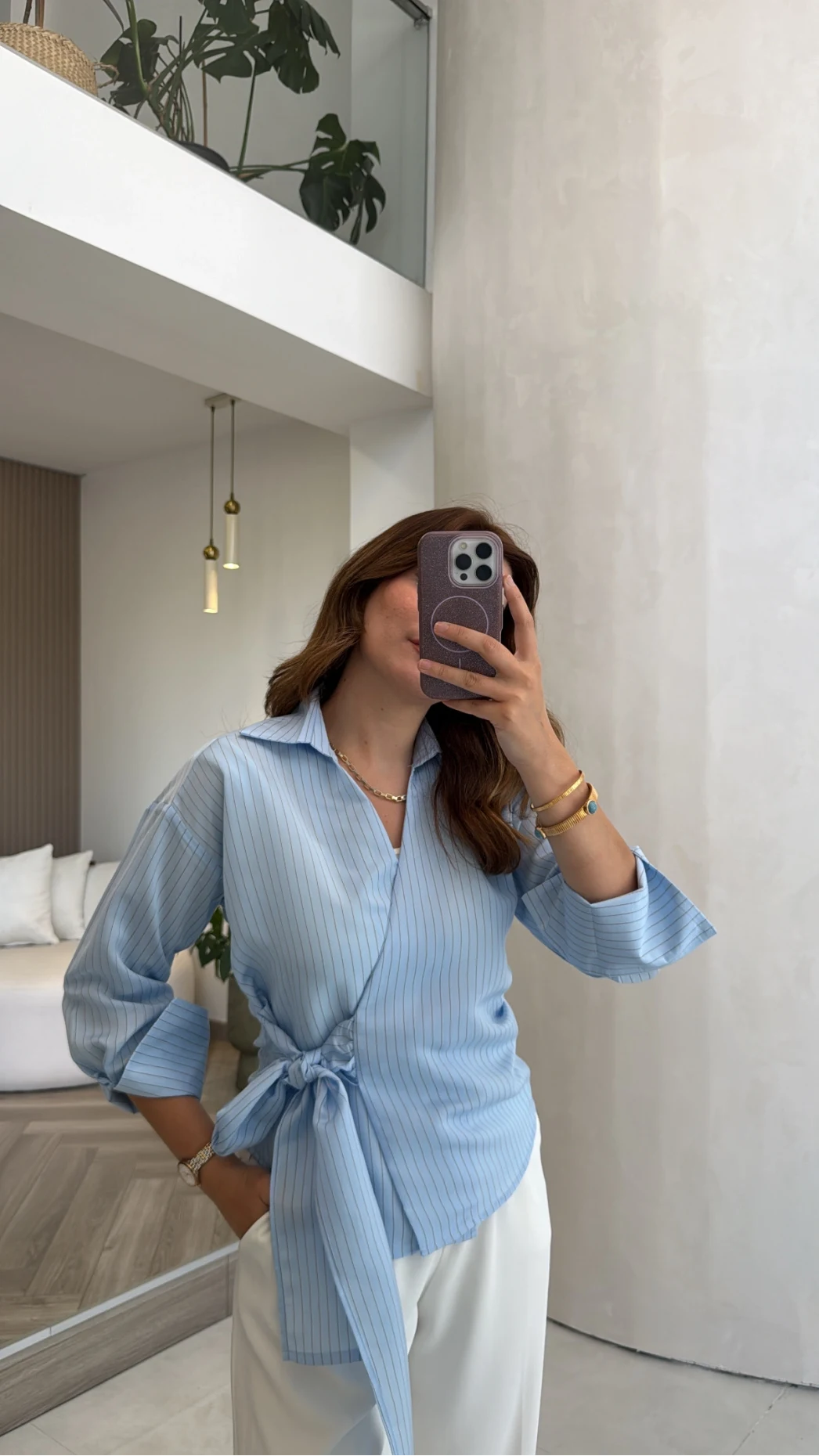 Lyssa Bağlamalı Çizgili Bluz - Mavi - Kod: 1089