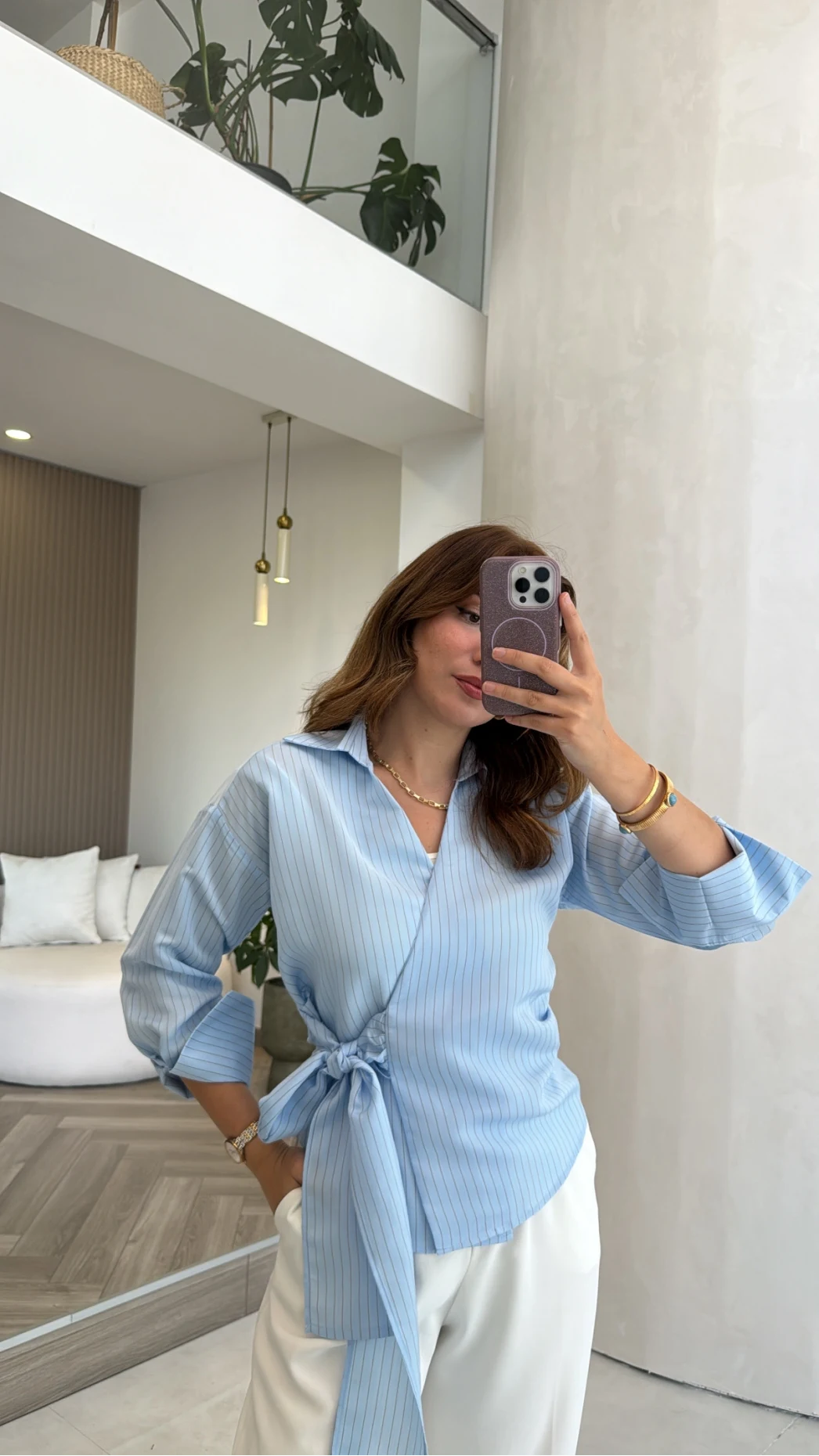 Lyssa Bağlamalı Çizgili Bluz - Mavi - Kod: 1089