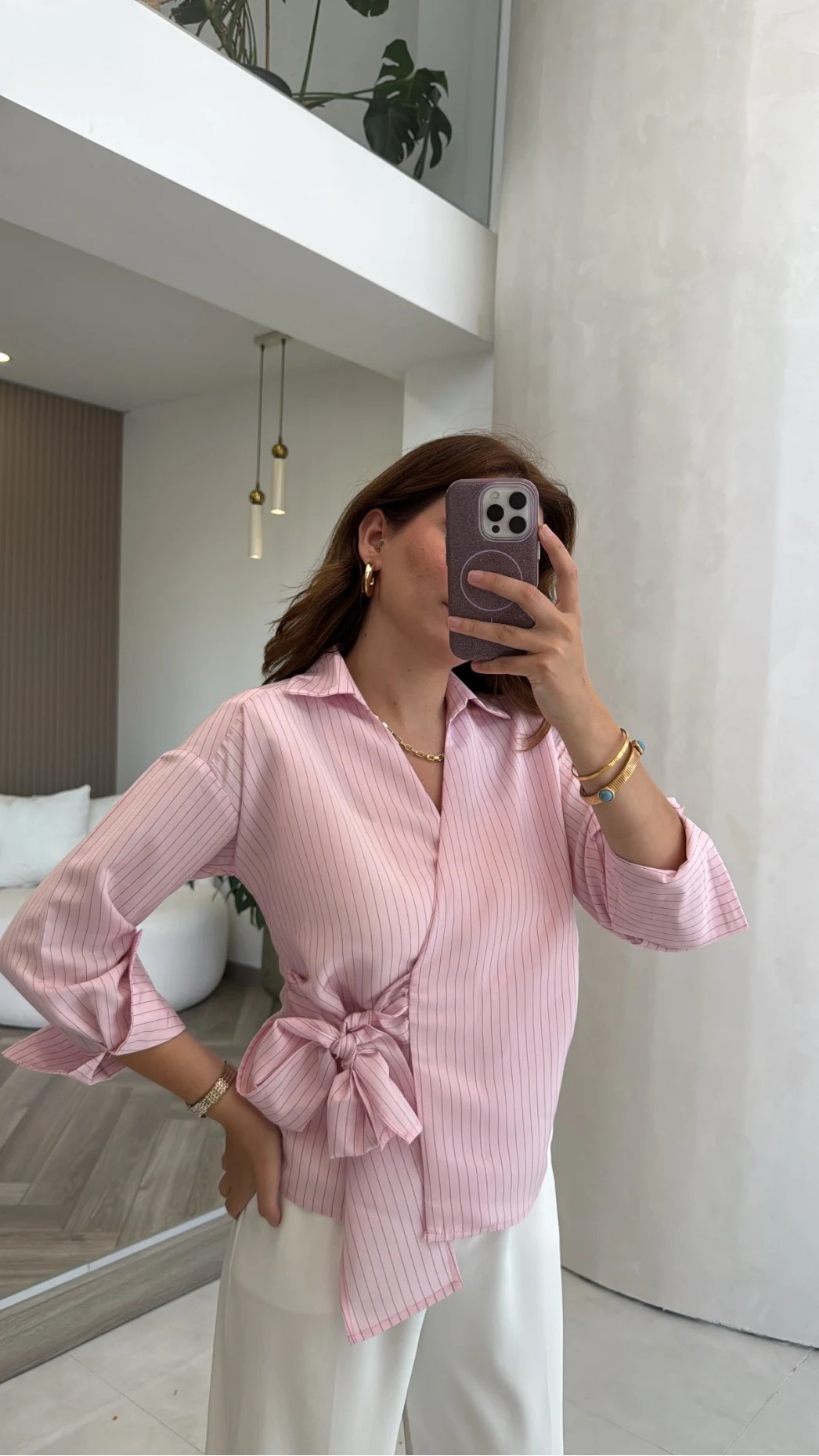 Lyssa Bağlamalı Çizgili Bluz - Pembe - Kod: 1089