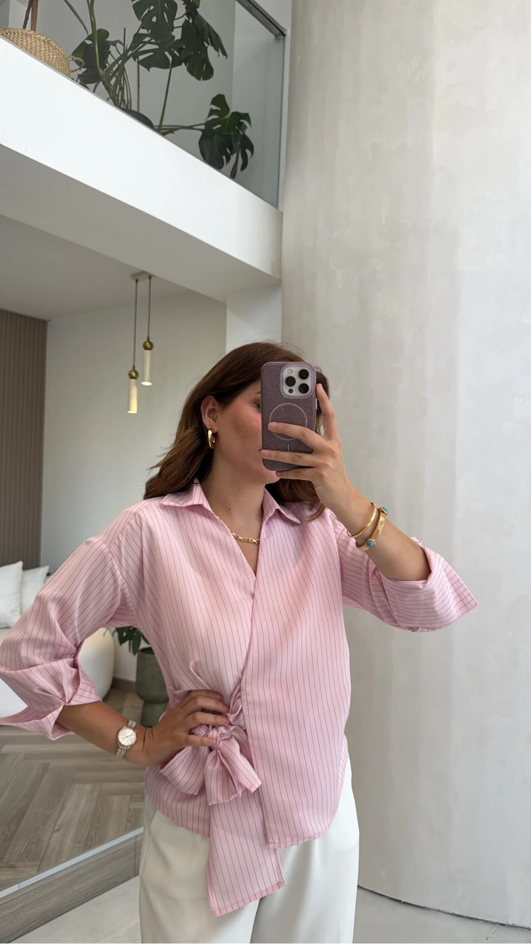 Lyssa Bağlamalı Çizgili Bluz - Pembe - Kod: 1089