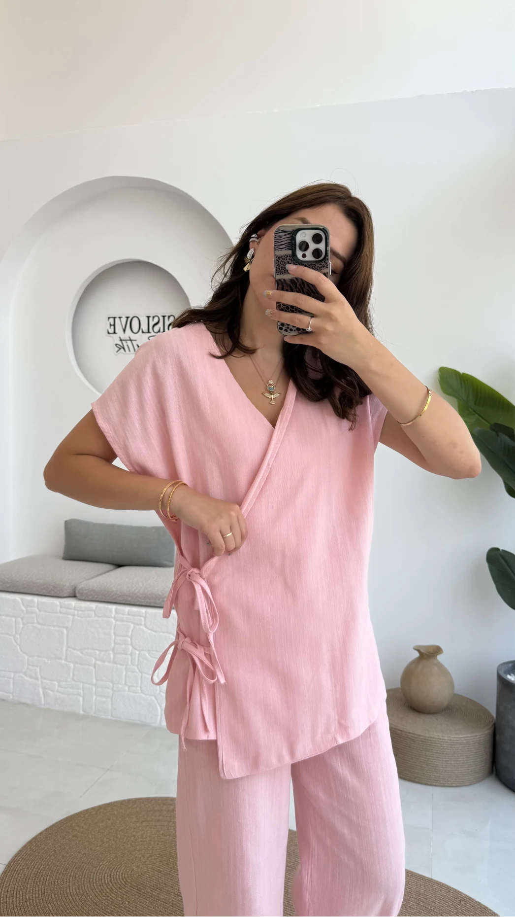 Madiya Keten Yandan Bağlamalı Takım Pembe