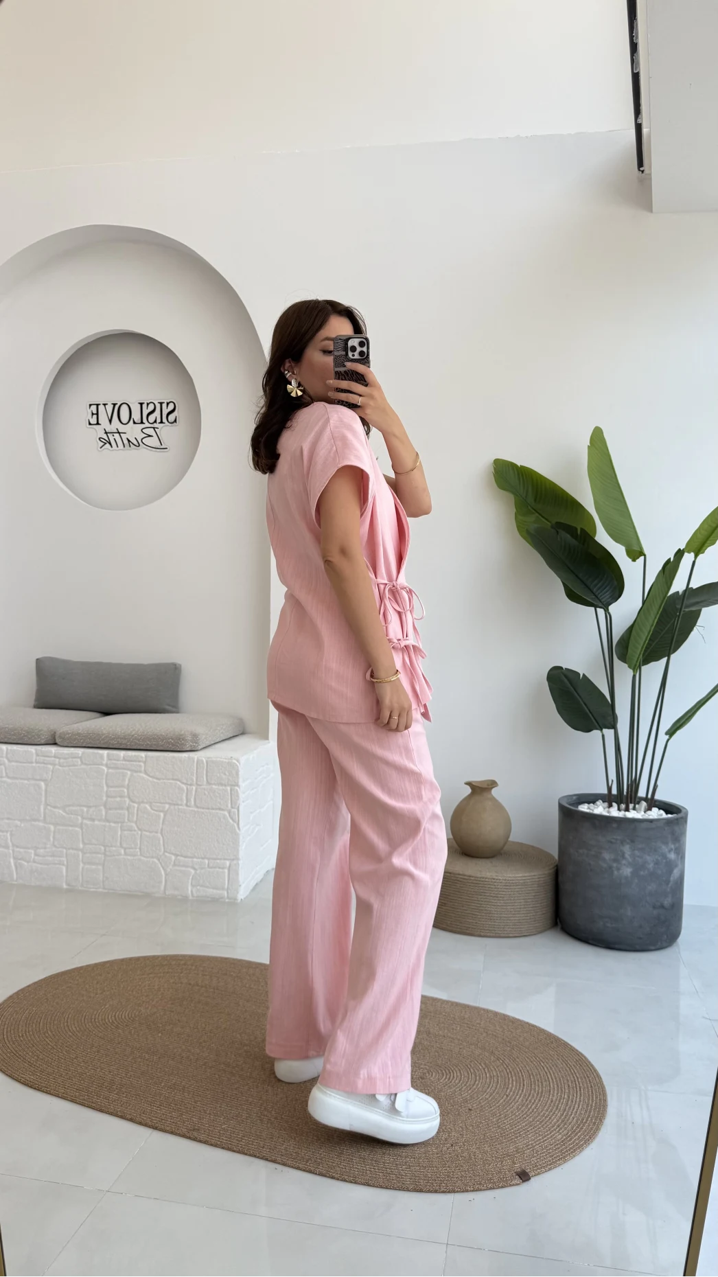 Madiya Keten Yandan Bağlamalı Takım Pembe