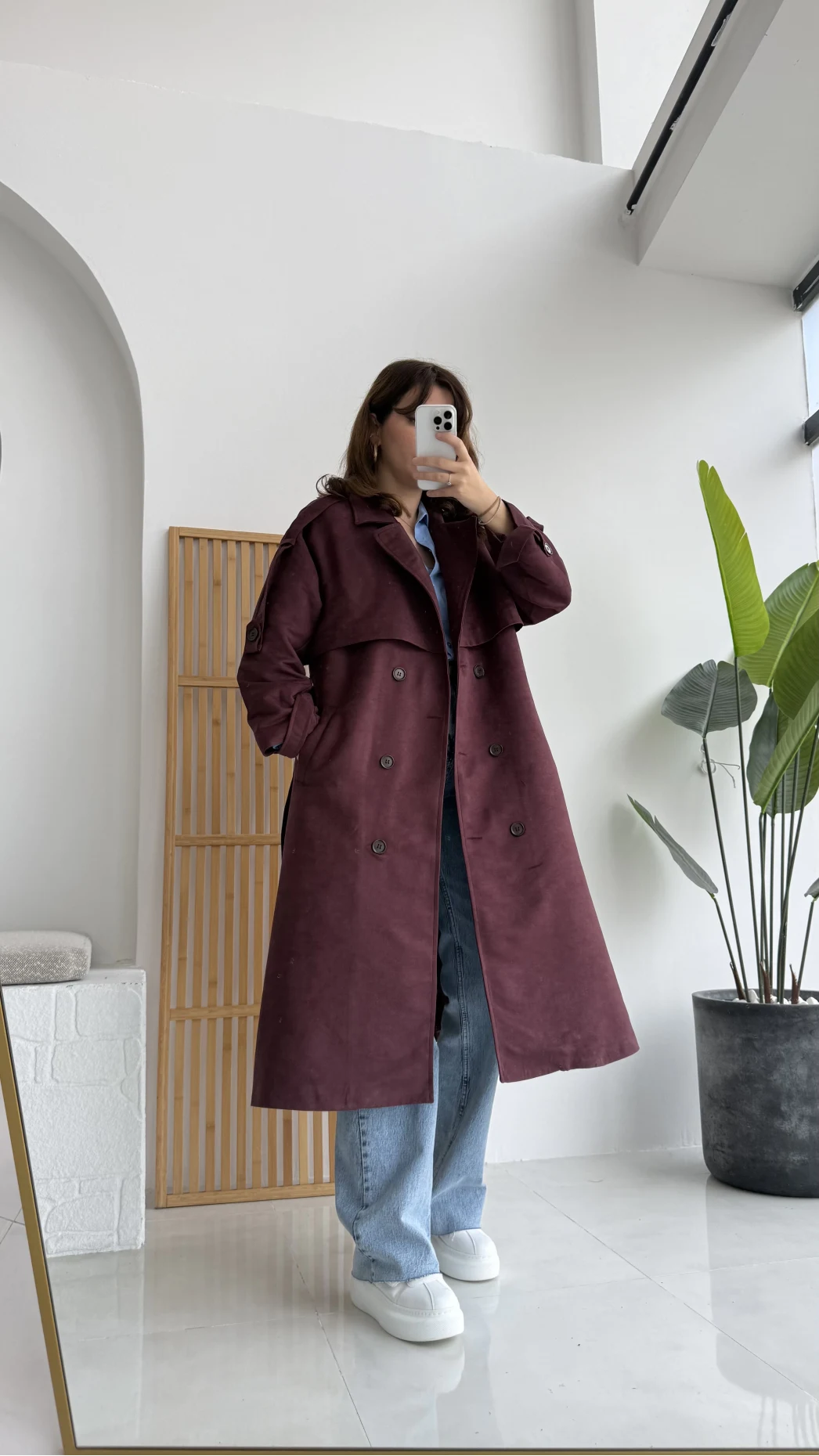 Maggie Kuşaklı Süet Kaban - Bordo - Kod: 7031