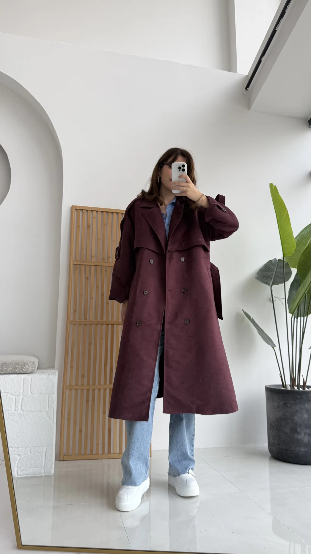 Maggie Kuşaklı Süet Kaban - Bordo - Kod: 7031