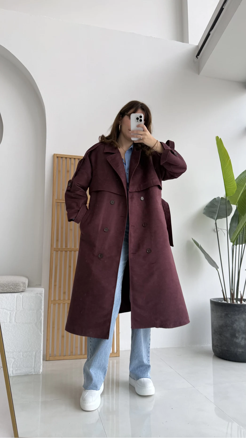 Maggie Kuşaklı Süet Kaban - Bordo - Kod: 7031
