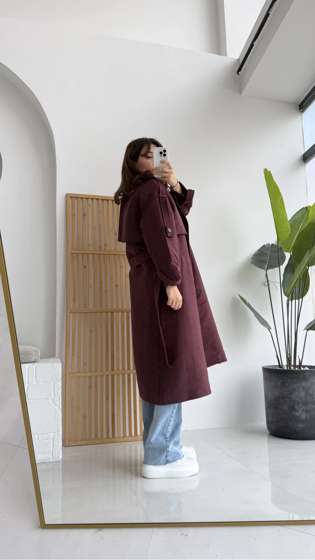 Maggie Kuşaklı Süet Kaban - Bordo - Kod: 7031