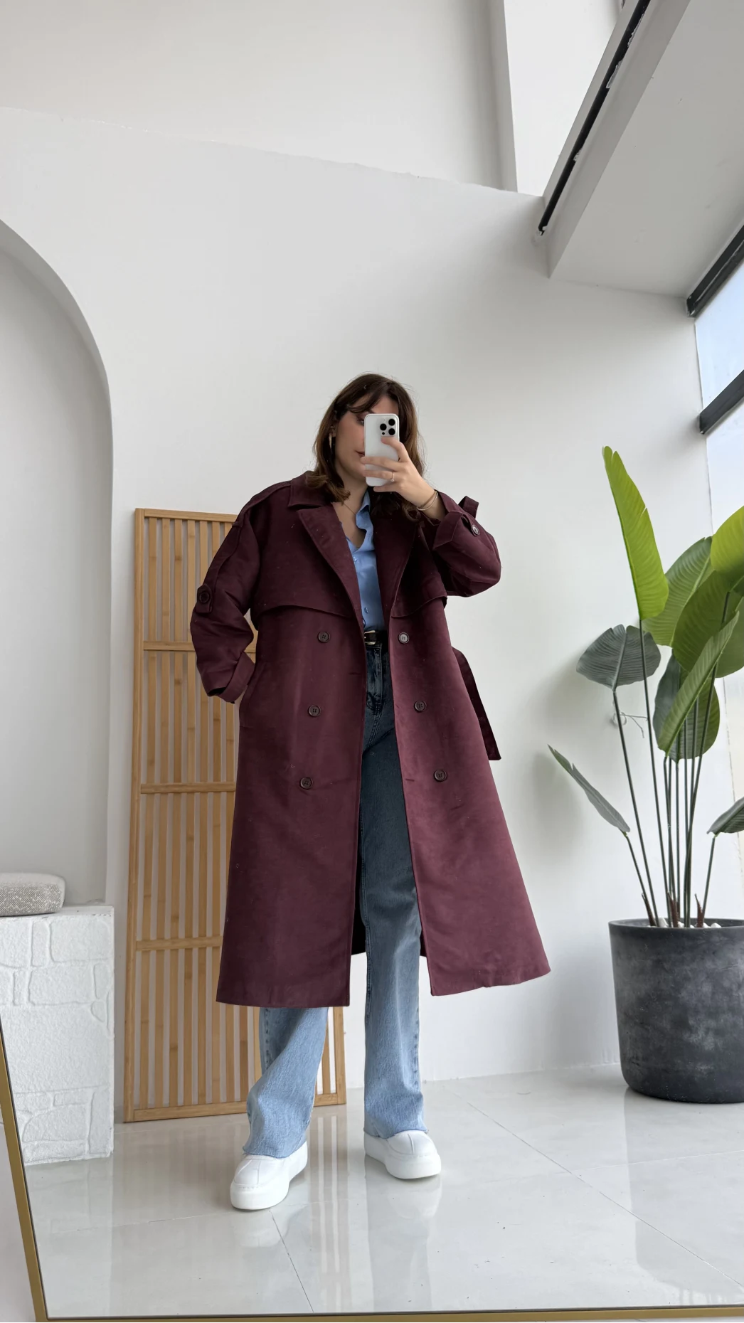 Maggie Kuşaklı Süet Kaban - Bordo - Kod: 7031