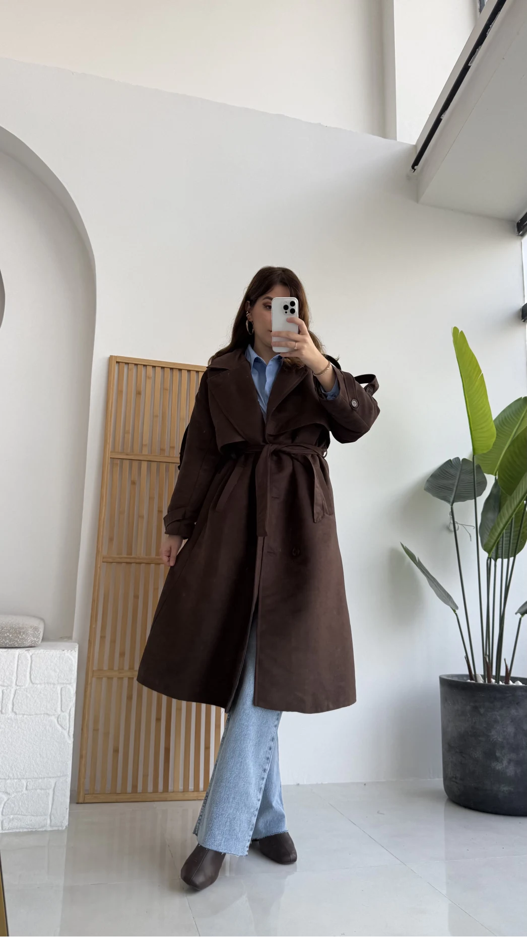 Maggie Kuşaklı Süet Kaban - Kahve - Kod: 7031
