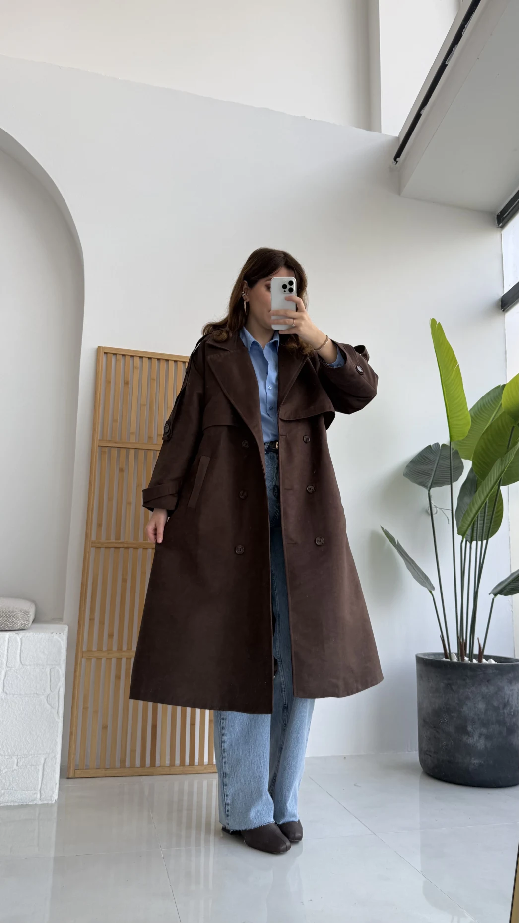 Maggie Kuşaklı Süet Kaban - Kahve - Kod: 7031