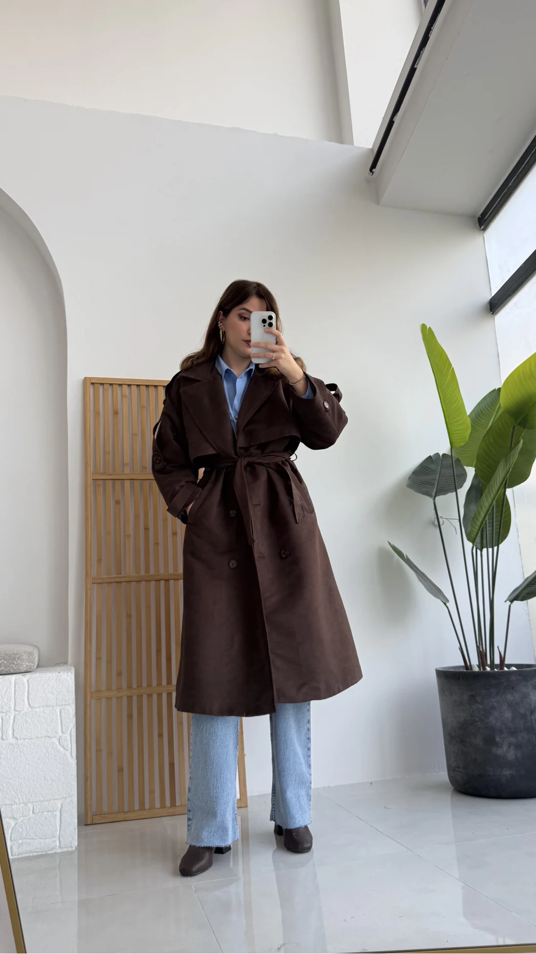 Maggie Kuşaklı Süet Kaban - Kahve - Kod: 7031
