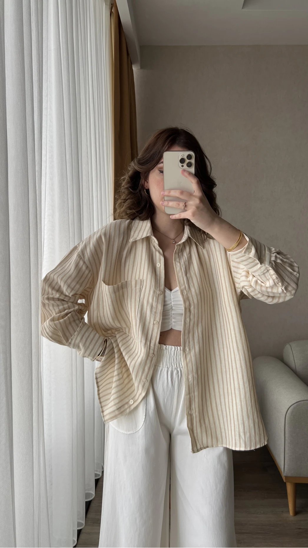 Magla Oversize Keten Kahve Çizgili Gömlek