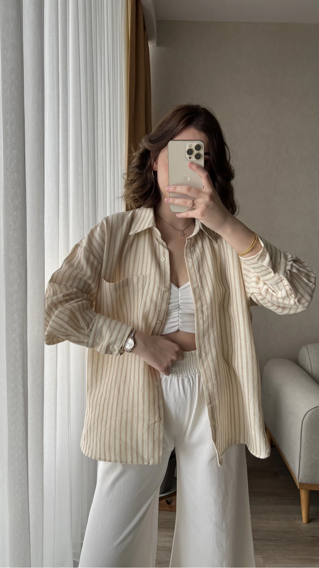 Magla Oversize Keten Kahve Çizgili Gömlek