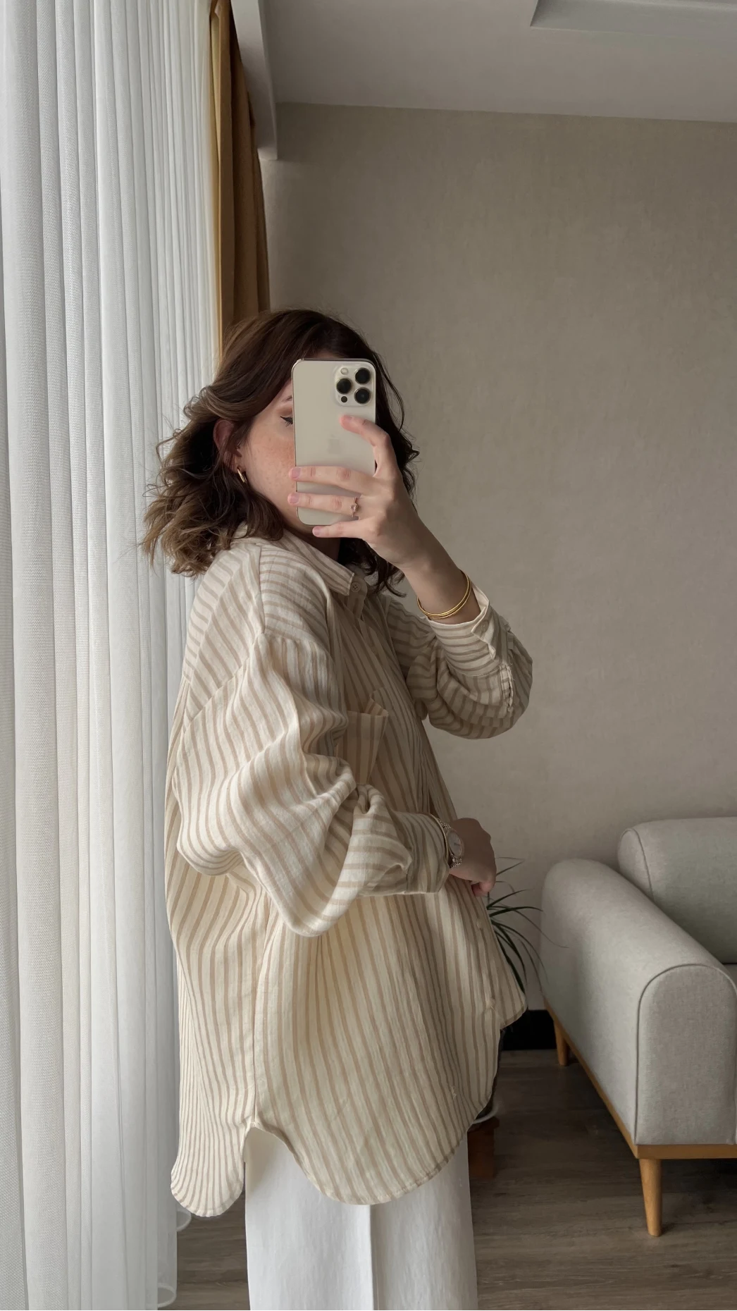 Magla Oversize Keten Kahve Çizgili Gömlek