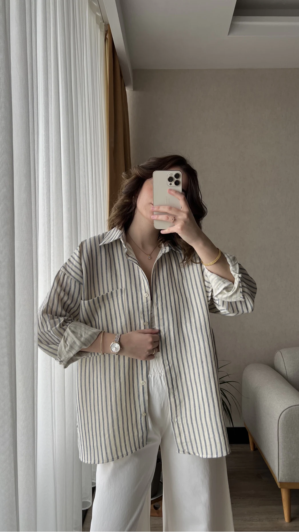Magla Oversize Keten Mavi Çizgili Gömlek