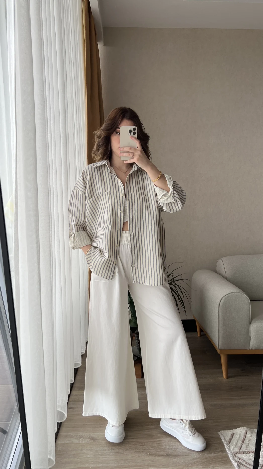 Magla Oversize Keten Mavi Çizgili Gömlek