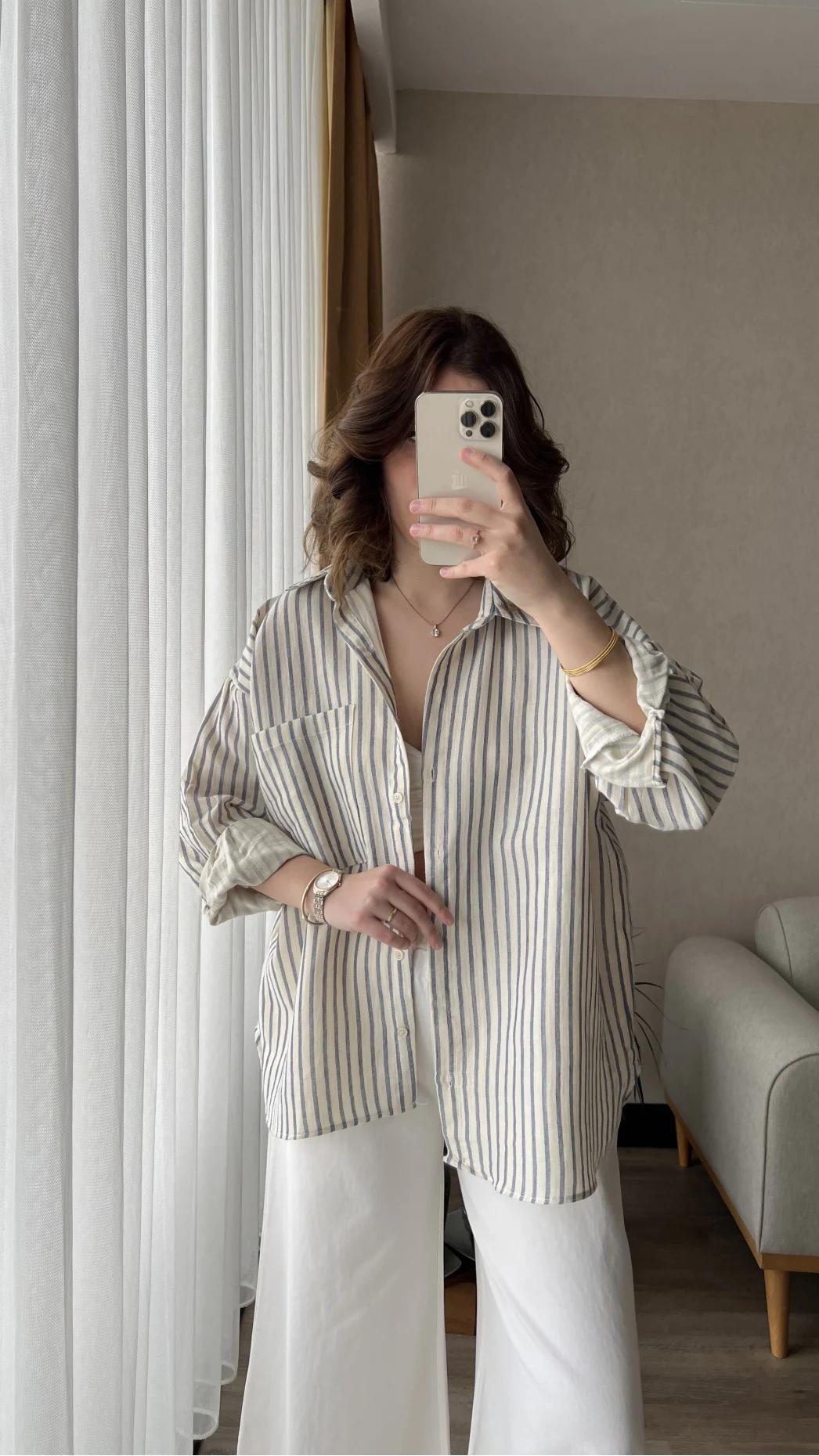 Magla Oversize Keten Mavi Çizgili Gömlek