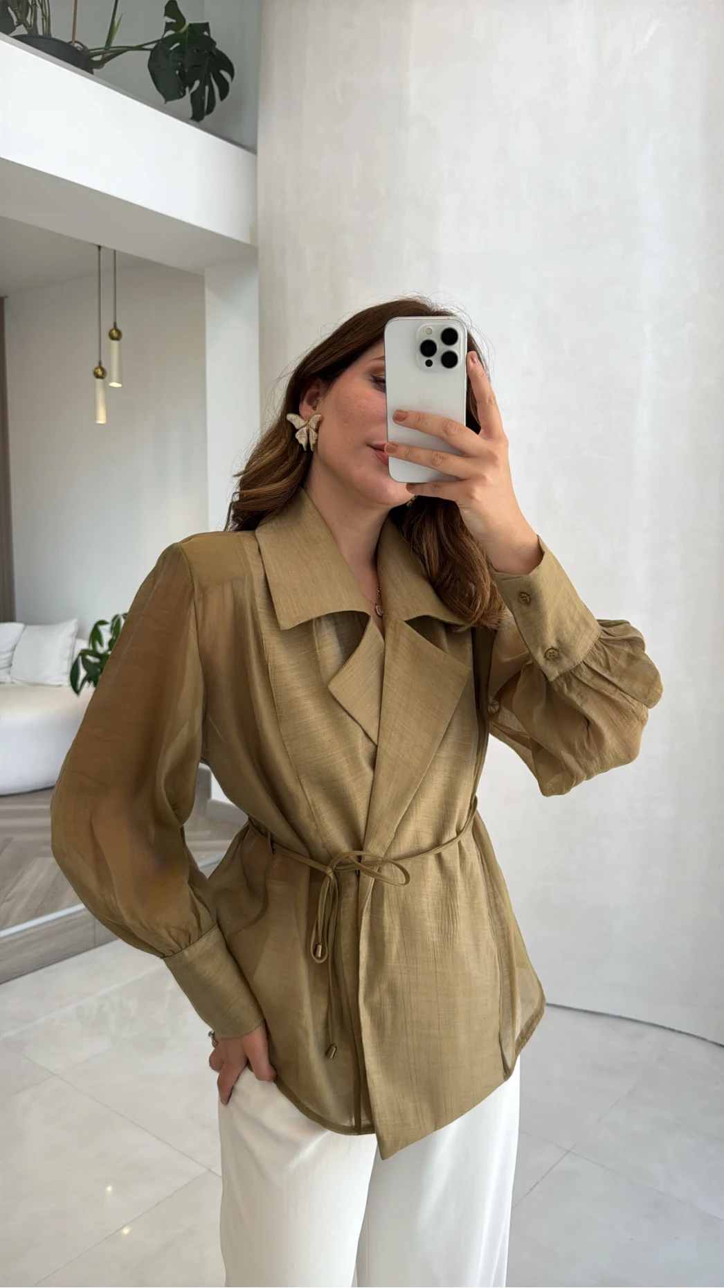 Maisie Vatkalı Transparan Bağlamalı Gömlek - Olive - Kod: 5029