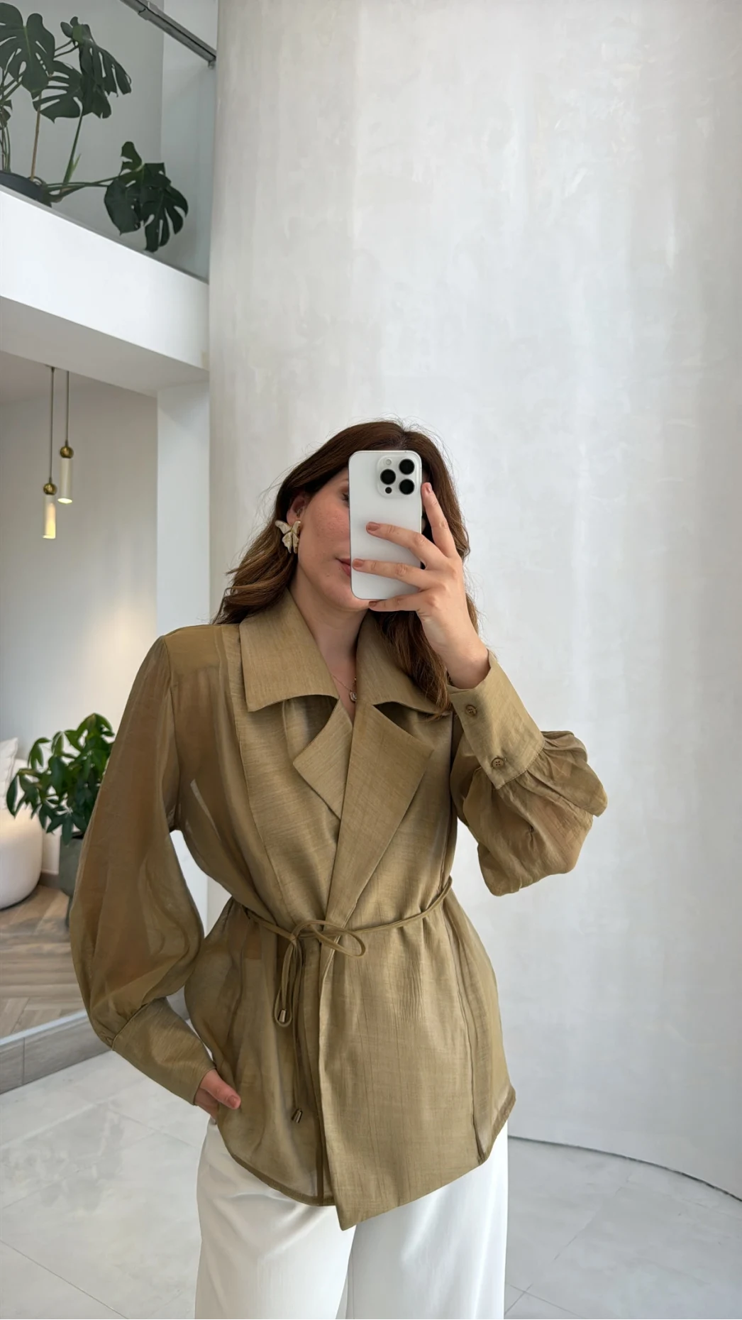 Maisie Vatkalı Transparan Bağlamalı Gömlek - Olive - Kod: 5029
