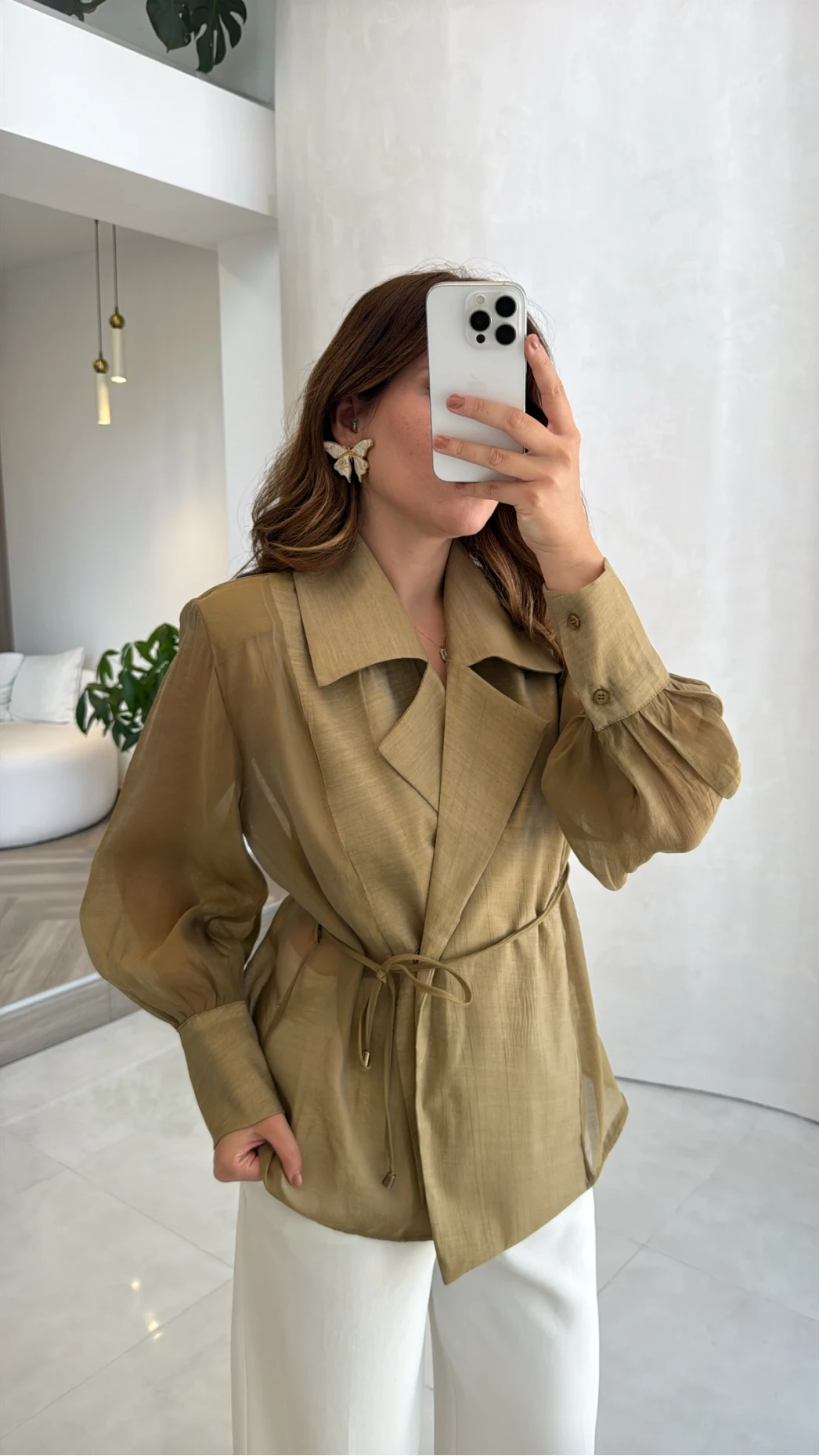 Maisie Vatkalı Transparan Bağlamalı Gömlek - Olive - Kod: 5029